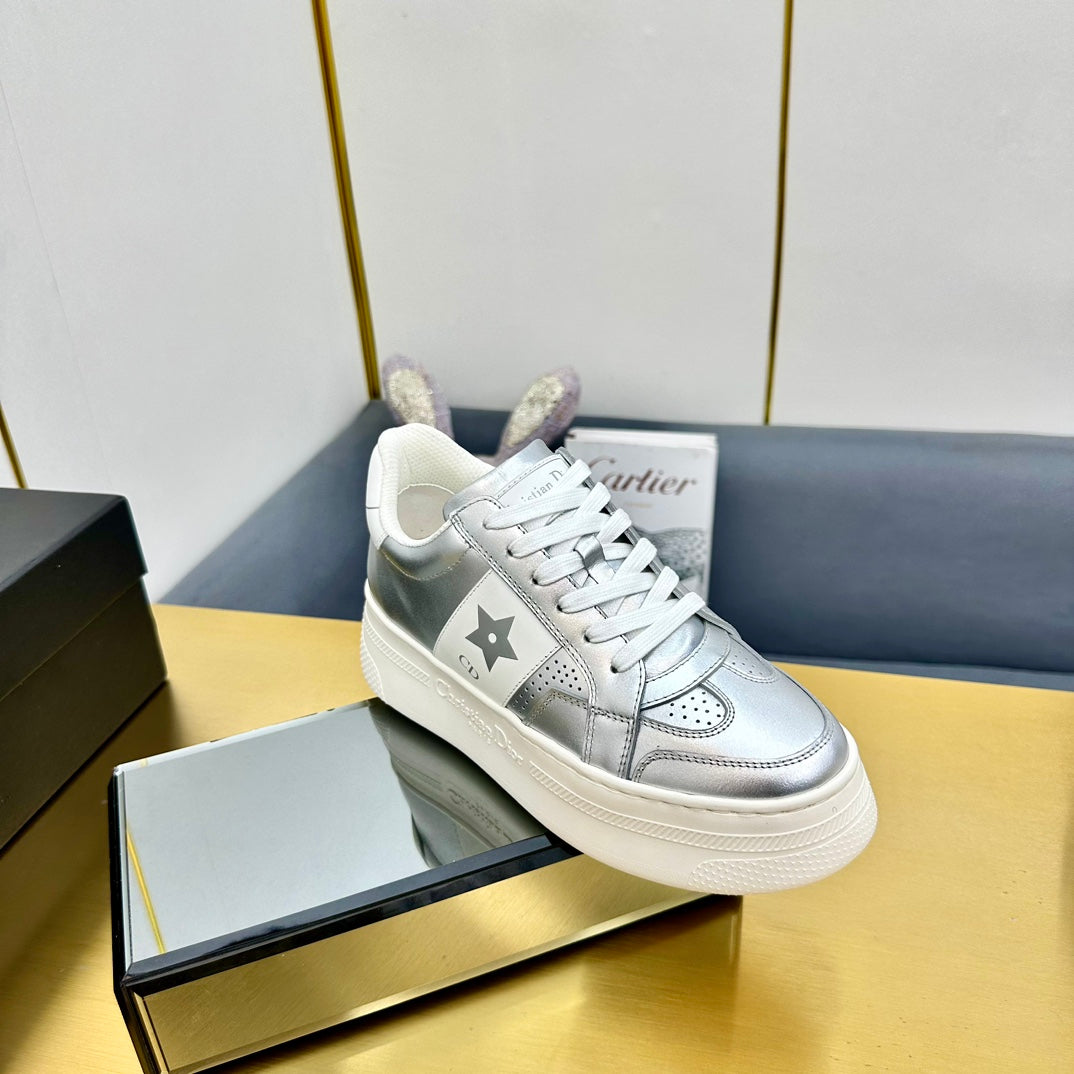 DIOR Star Platform Sneaker In Silver Mix White Calfskin 111090