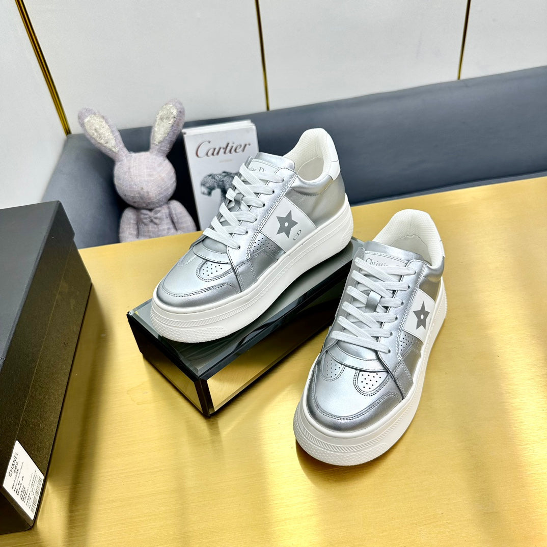 DIOR Star Platform Sneaker In Silver Mix White Calfskin 111090