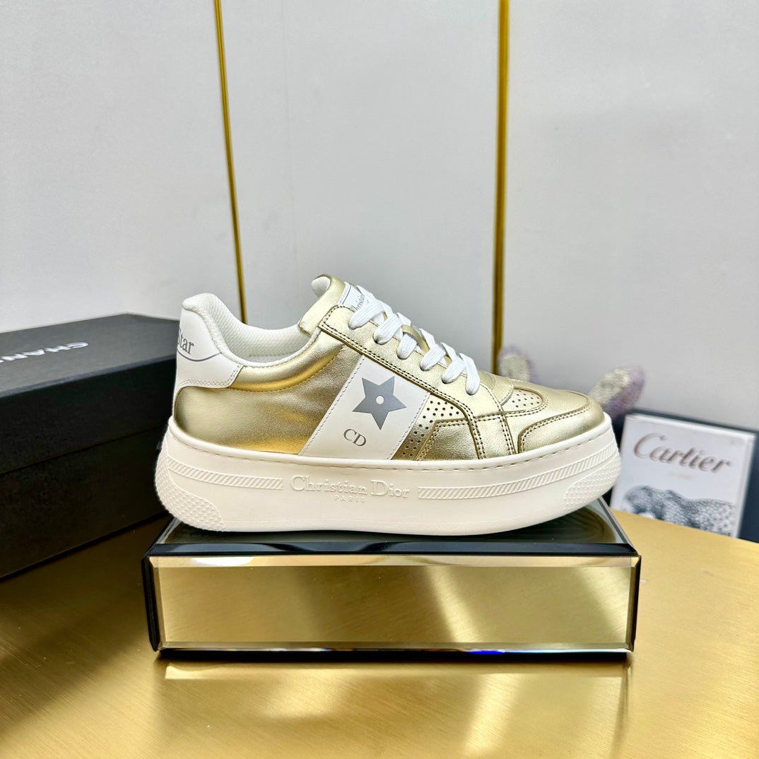 DIOR Star Platform Sneaker In Gold Mix White Calfskin 111092