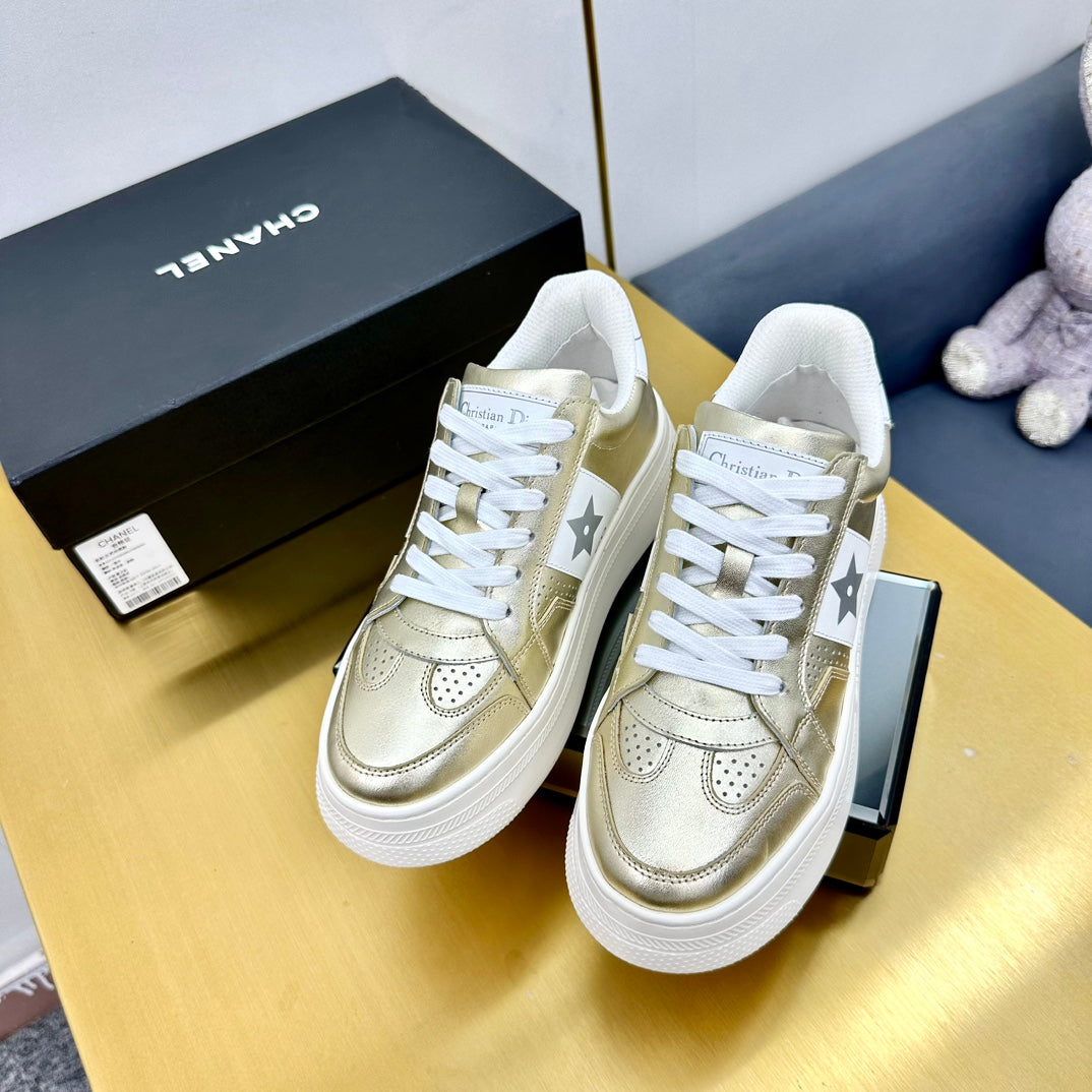 DIOR Star Platform Sneaker In Gold Mix White Calfskin 111092