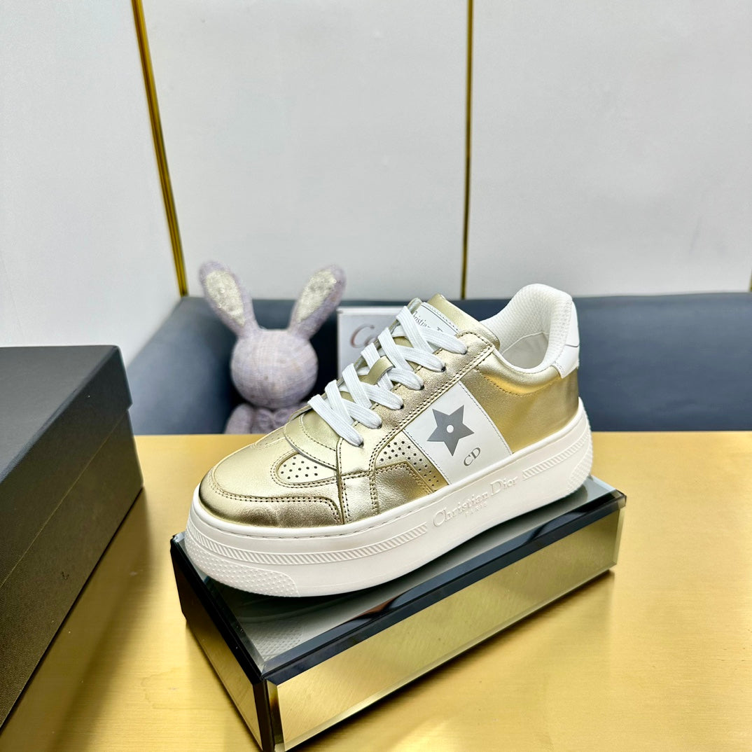 DIOR Star Platform Sneaker In Gold Mix White Calfskin 111092