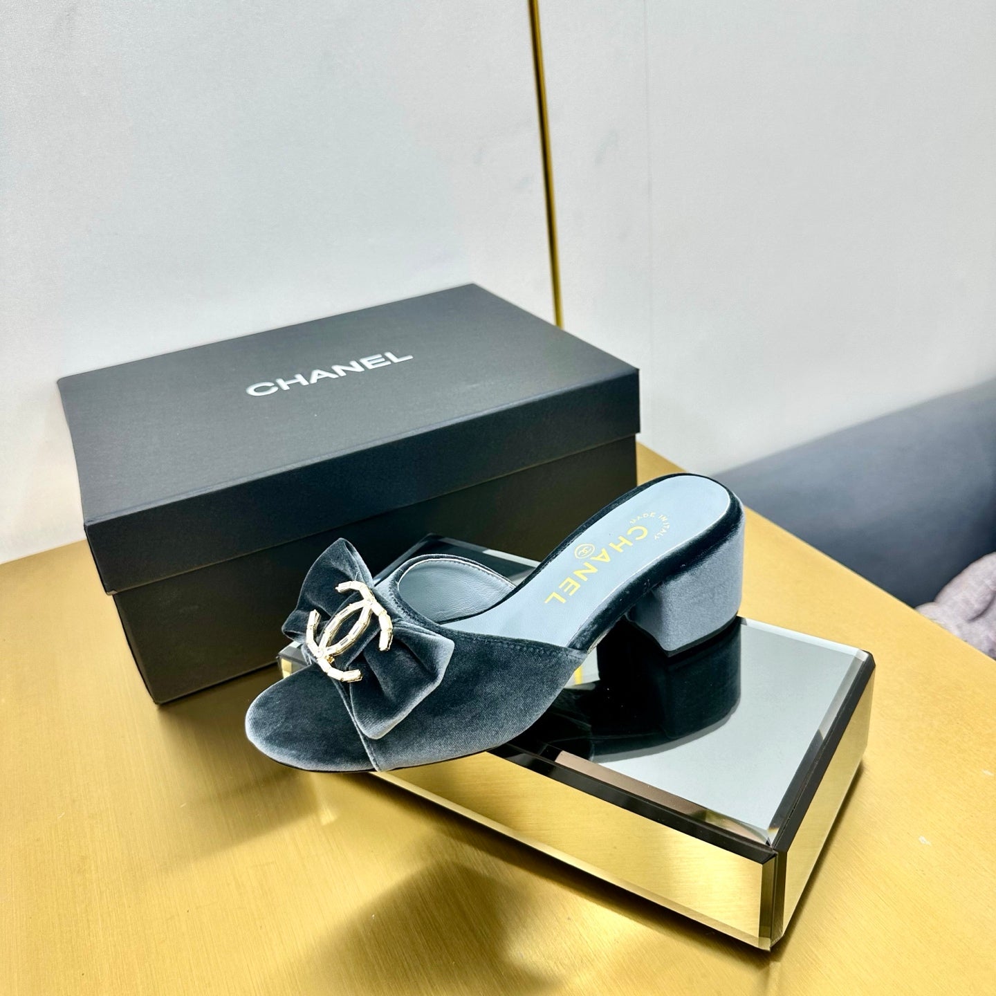 CHANEL 25 Mid Heel Mules Gray Velvet 238474
