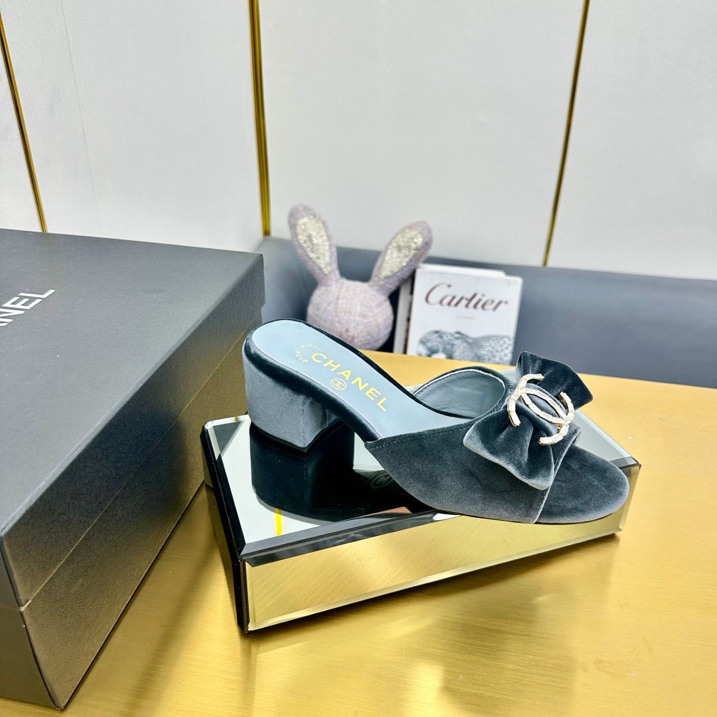 CHANEL 25 Mid Heel Mules Gray Velvet 238474