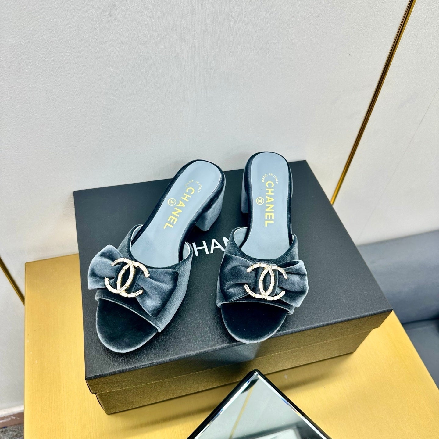 CHANEL 25 Mid Heel Mules Gray Velvet 238474