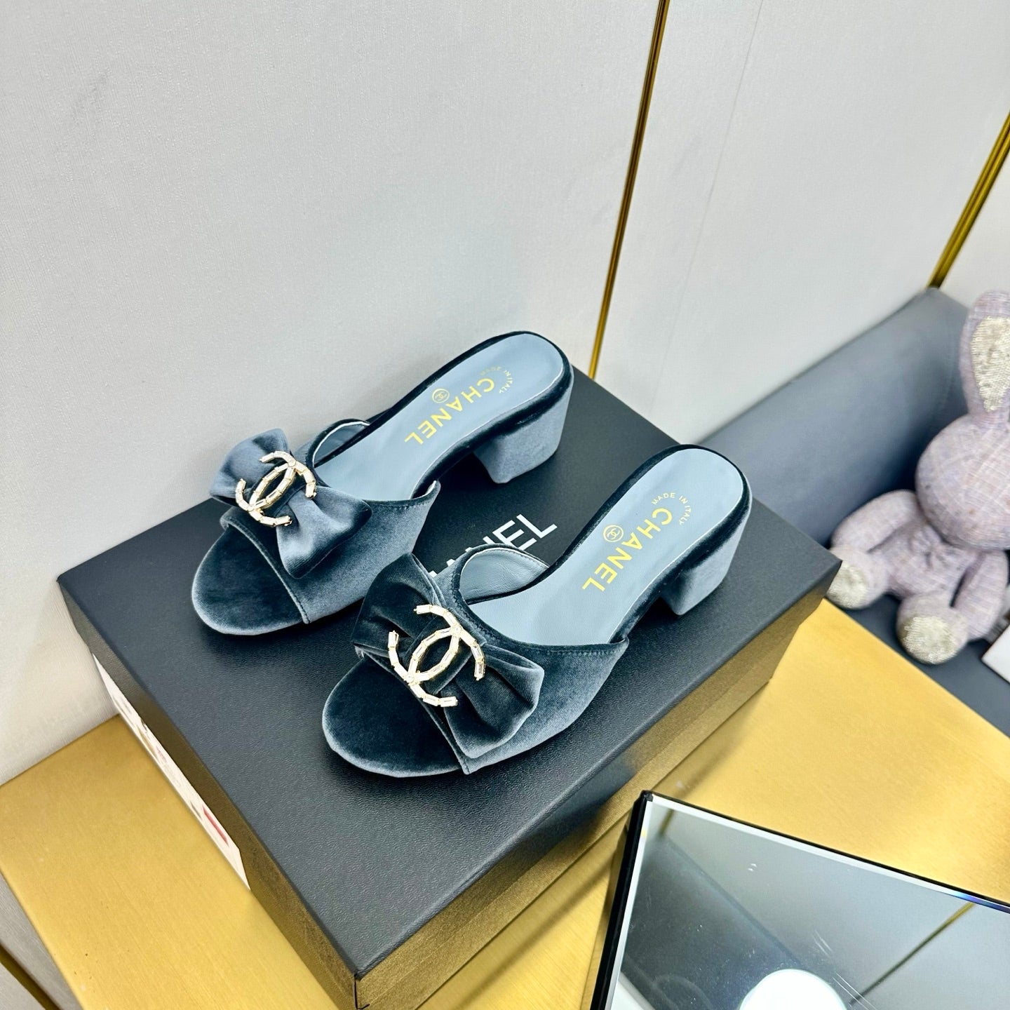 CHANEL 25 Mid Heel Mules Gray Velvet 238474