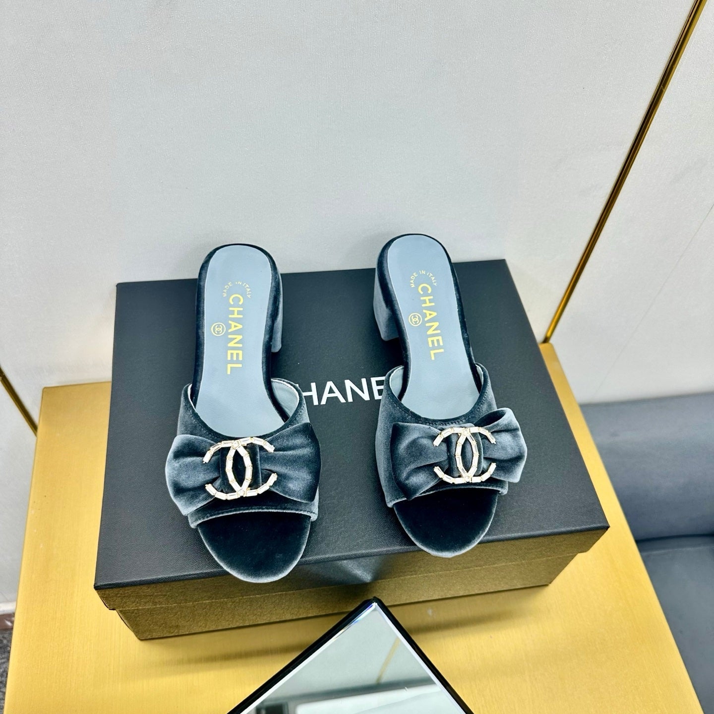 CHANEL 25 Mid Heel Mules Gray Velvet 238474