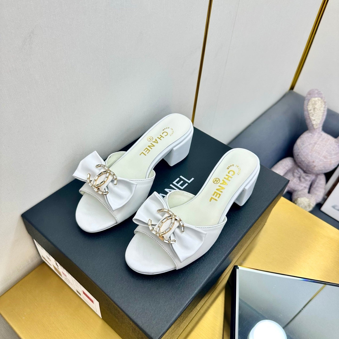 CHANEL 25 Mid Heel Mules White Sheepskin 238475