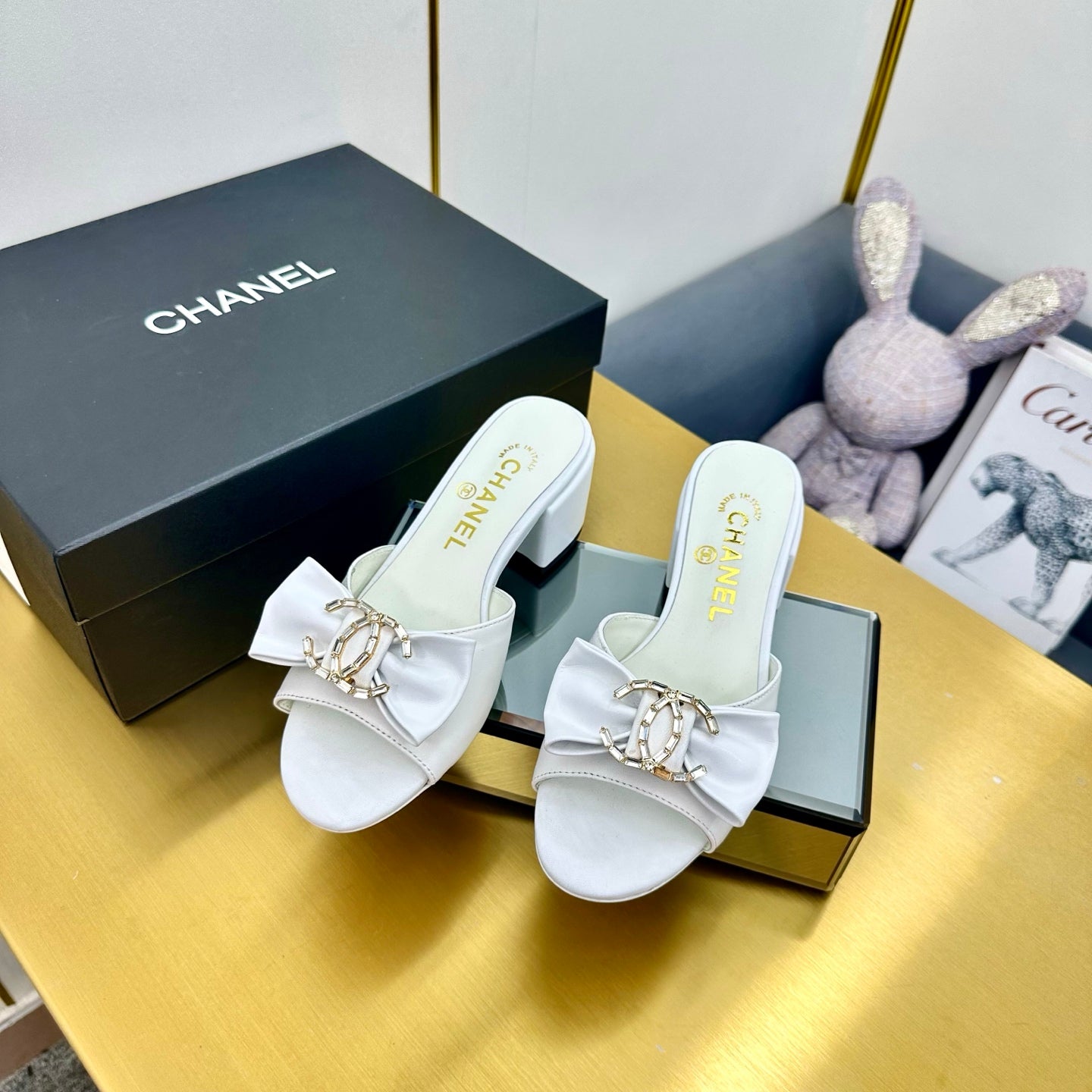 CHANEL 25 Mid Heel Mules White Sheepskin 238475