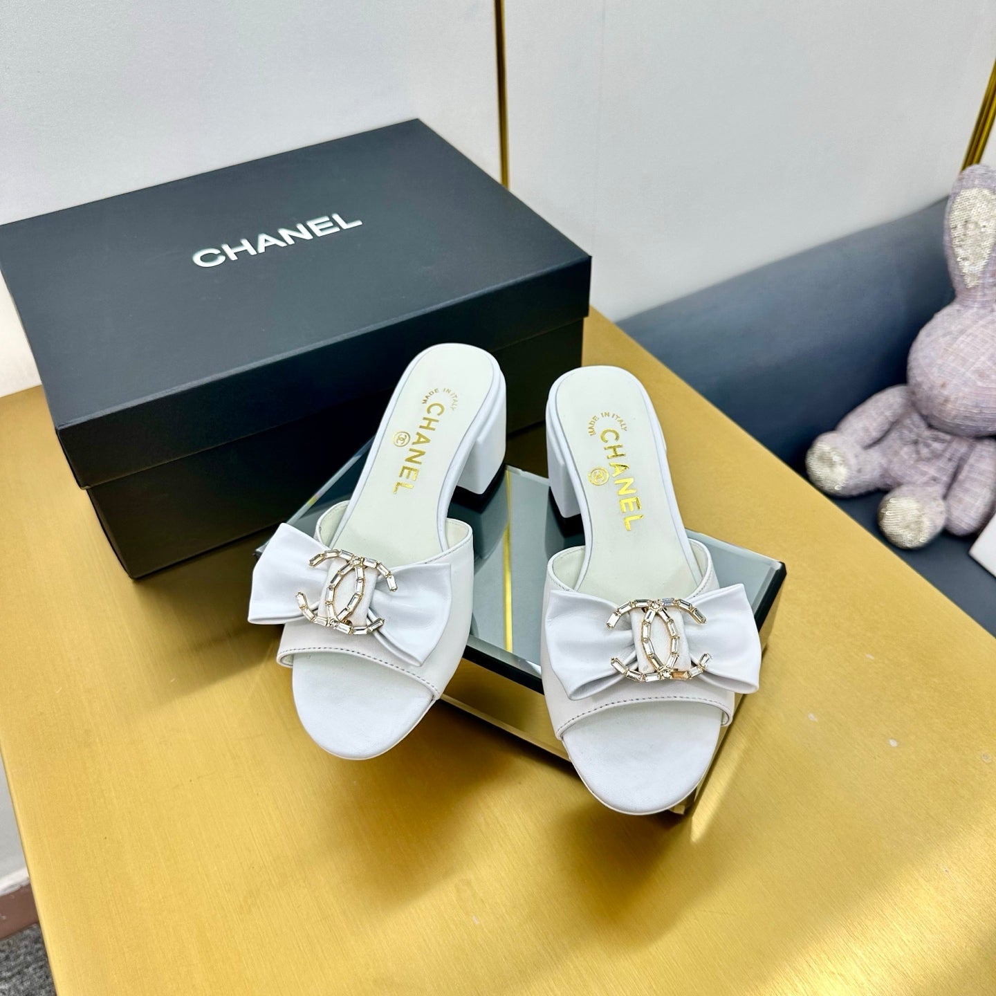 CHANEL 25 Mid Heel Mules White Sheepskin 238475