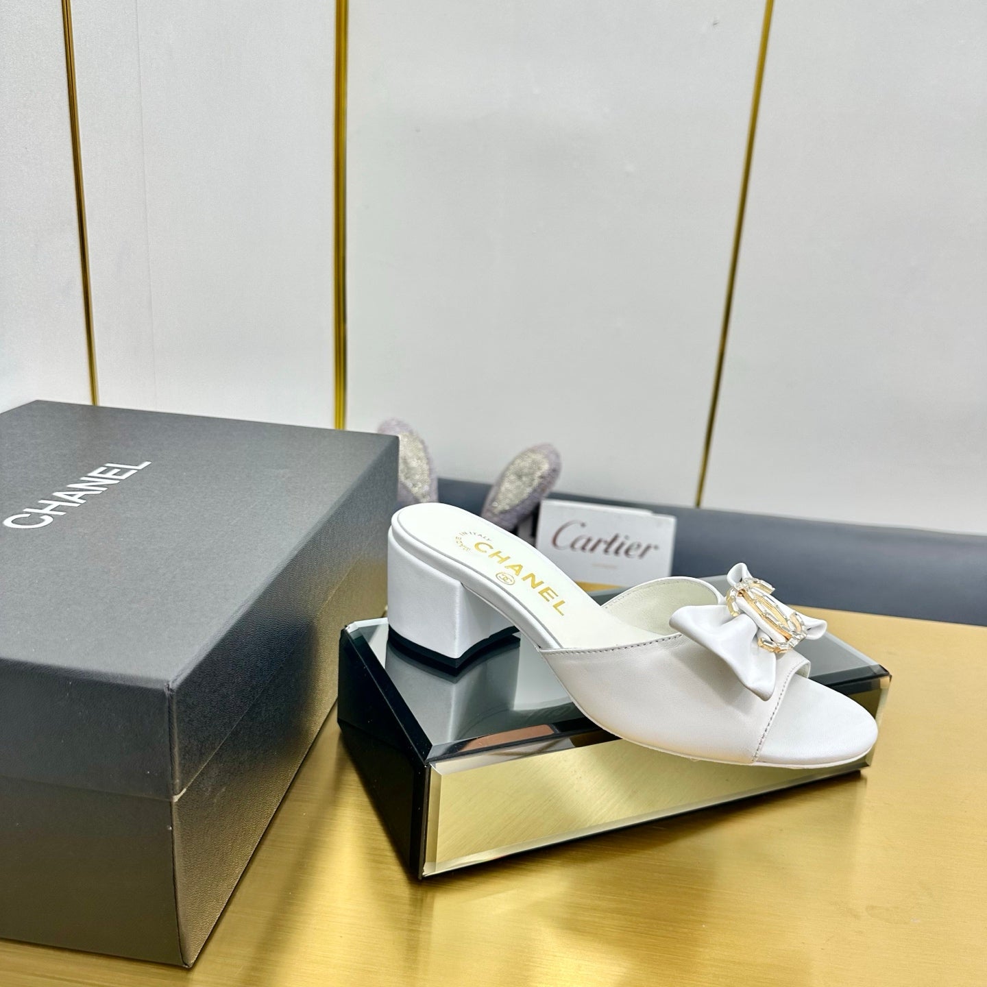 CHANEL 25 Mid Heel Mules White Sheepskin 238475