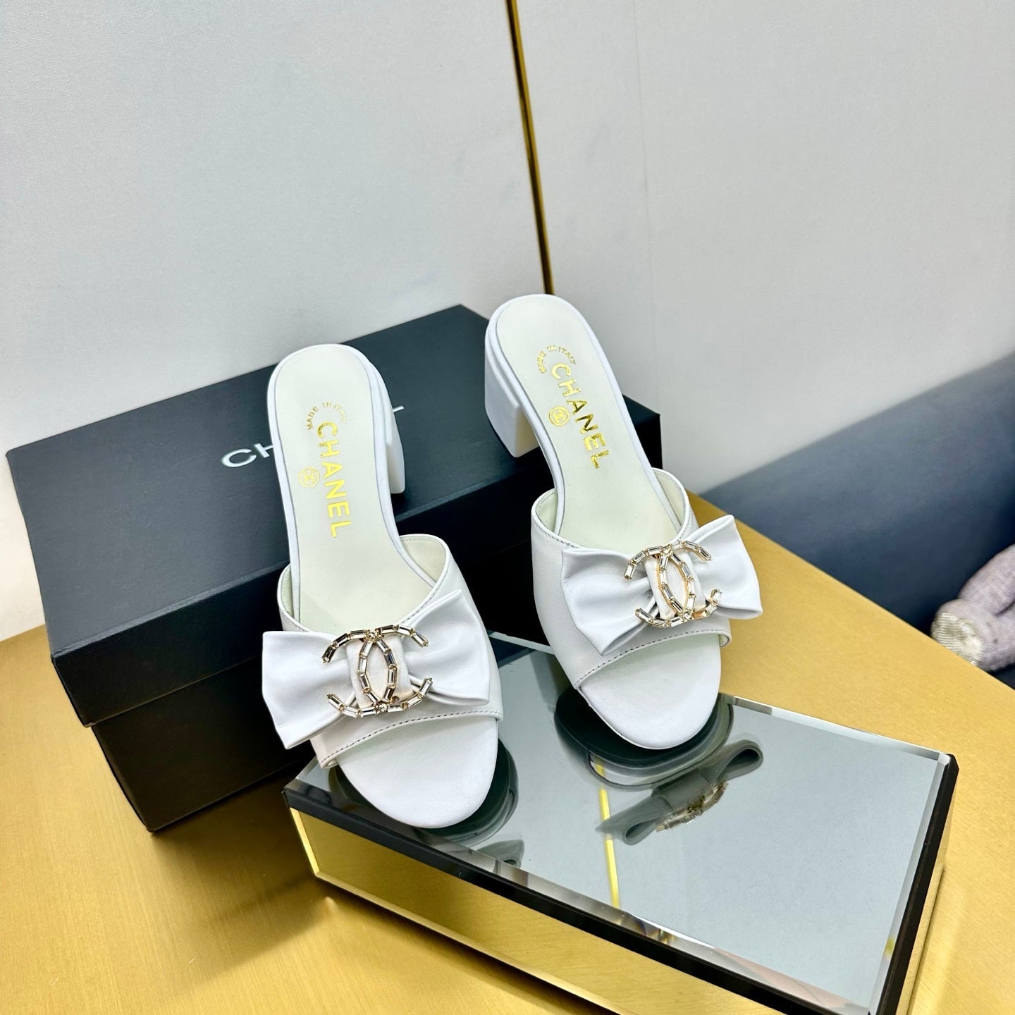 CHANEL 25 Mid Heel Mules White Sheepskin 238475
