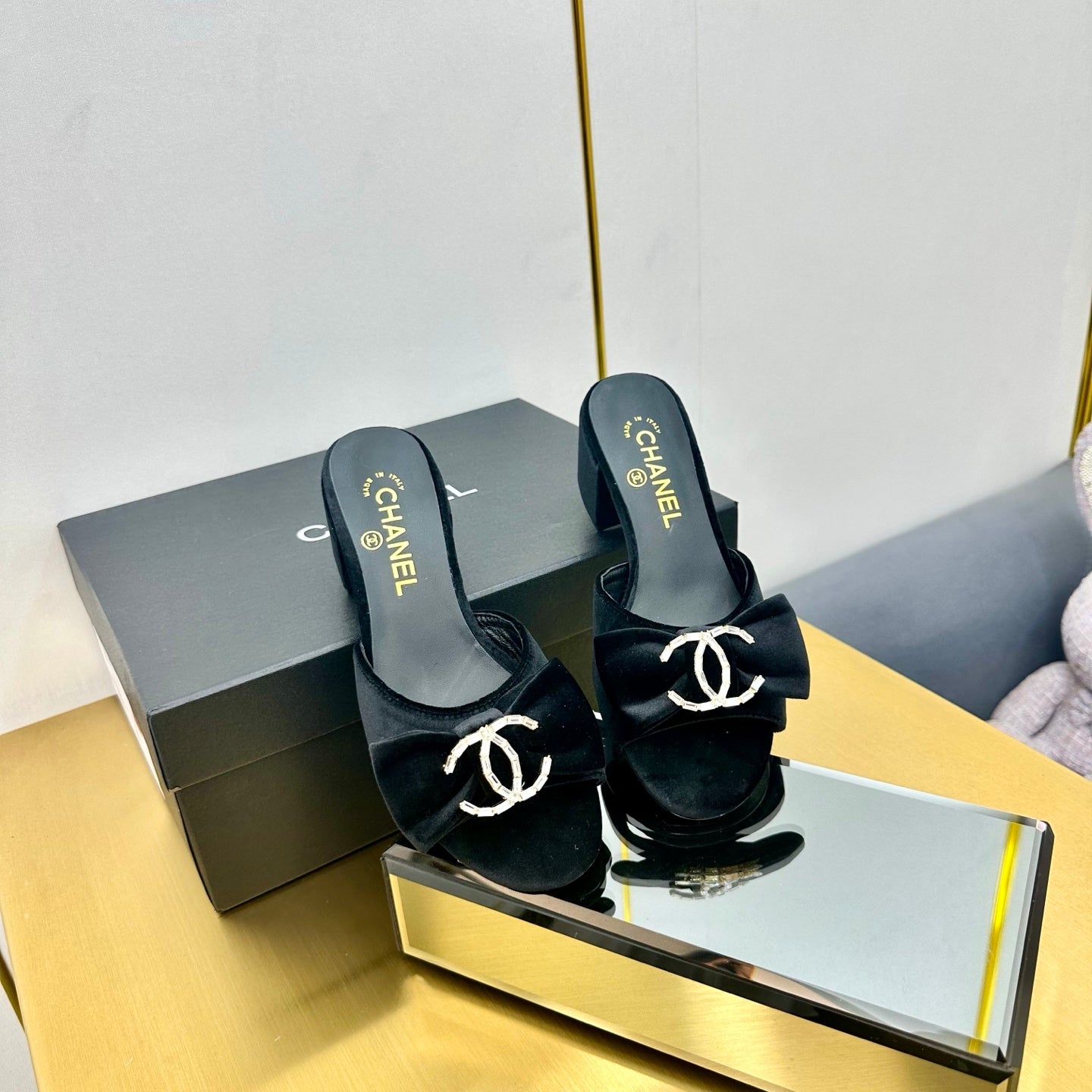 CHANEL 25 Mid Heel Mules Black Velvet 238476