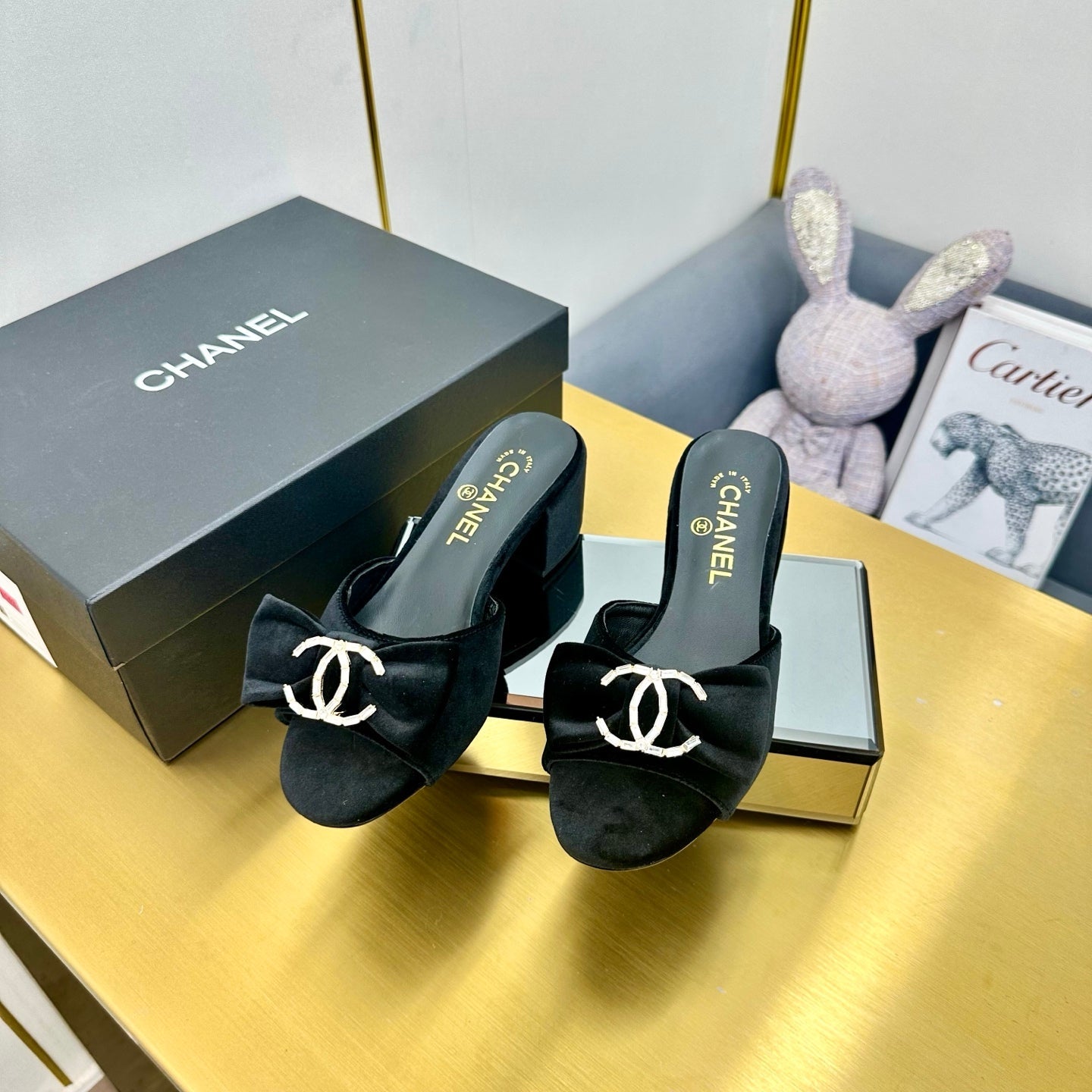 CHANEL 25 Mid Heel Mules Black Velvet 238476