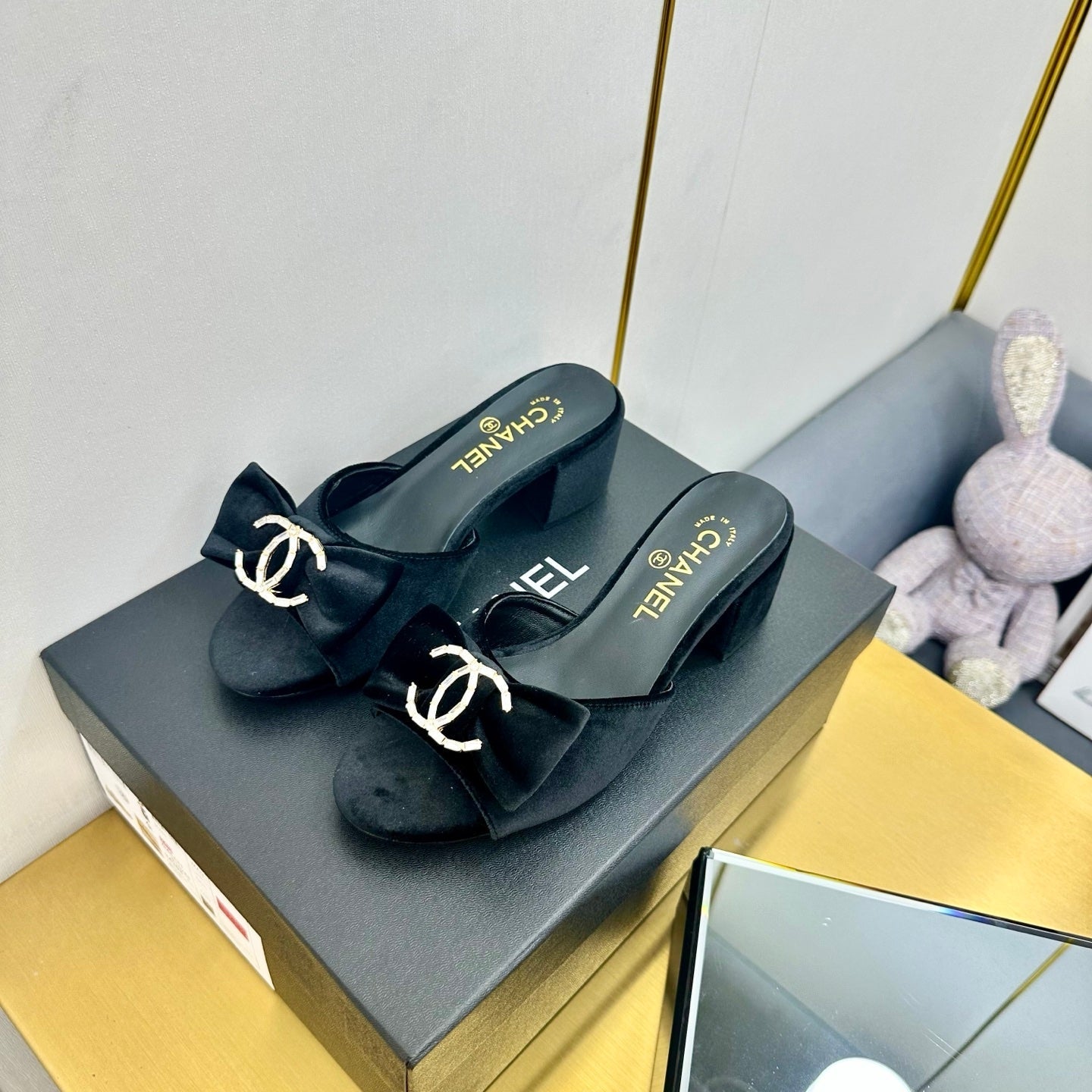 CHANEL 25 Mid Heel Mules Black Velvet 238476