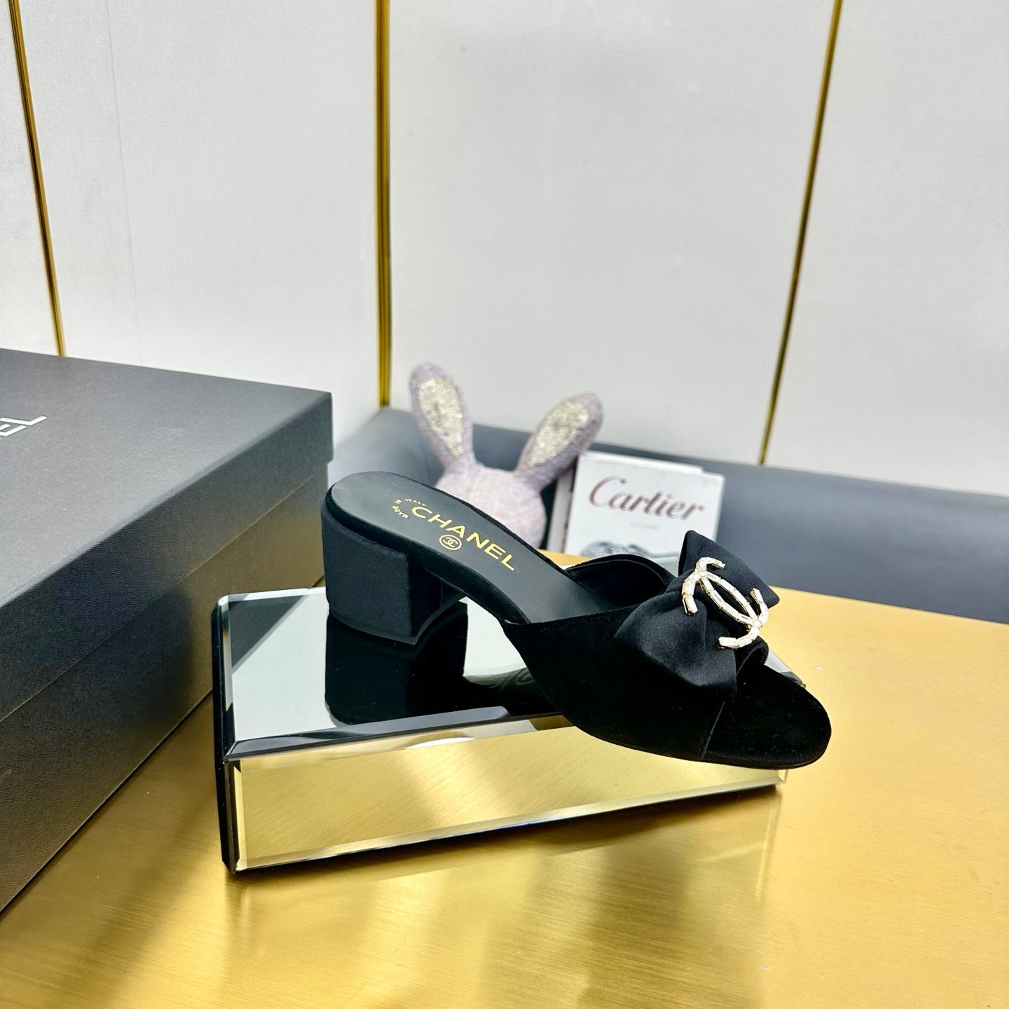 CHANEL 25 Mid Heel Mules Black Velvet 238476