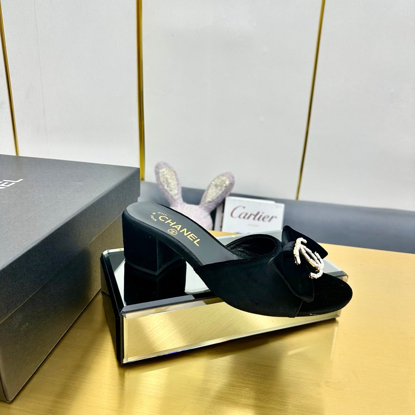 CHANEL 25 Mid Heel Mules Black Velvet 238476