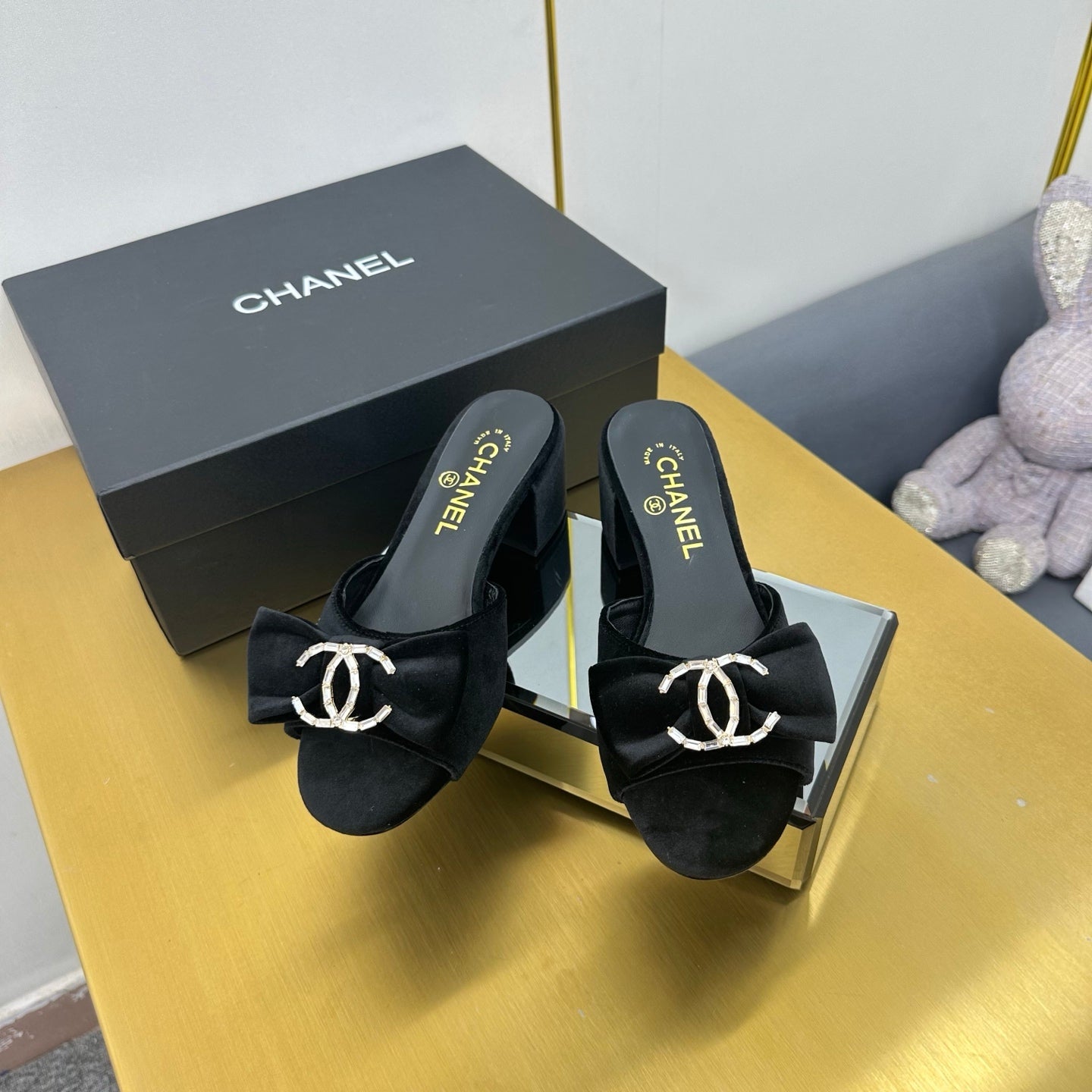 CHANEL 25 Mid Heel Mules Black Velvet 238476