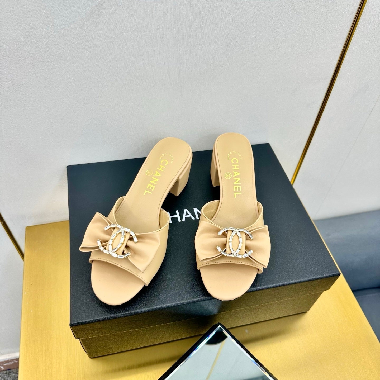 CHANEL 25 Mid Heel Mules Daffodil Yellow Sheepskin 238477