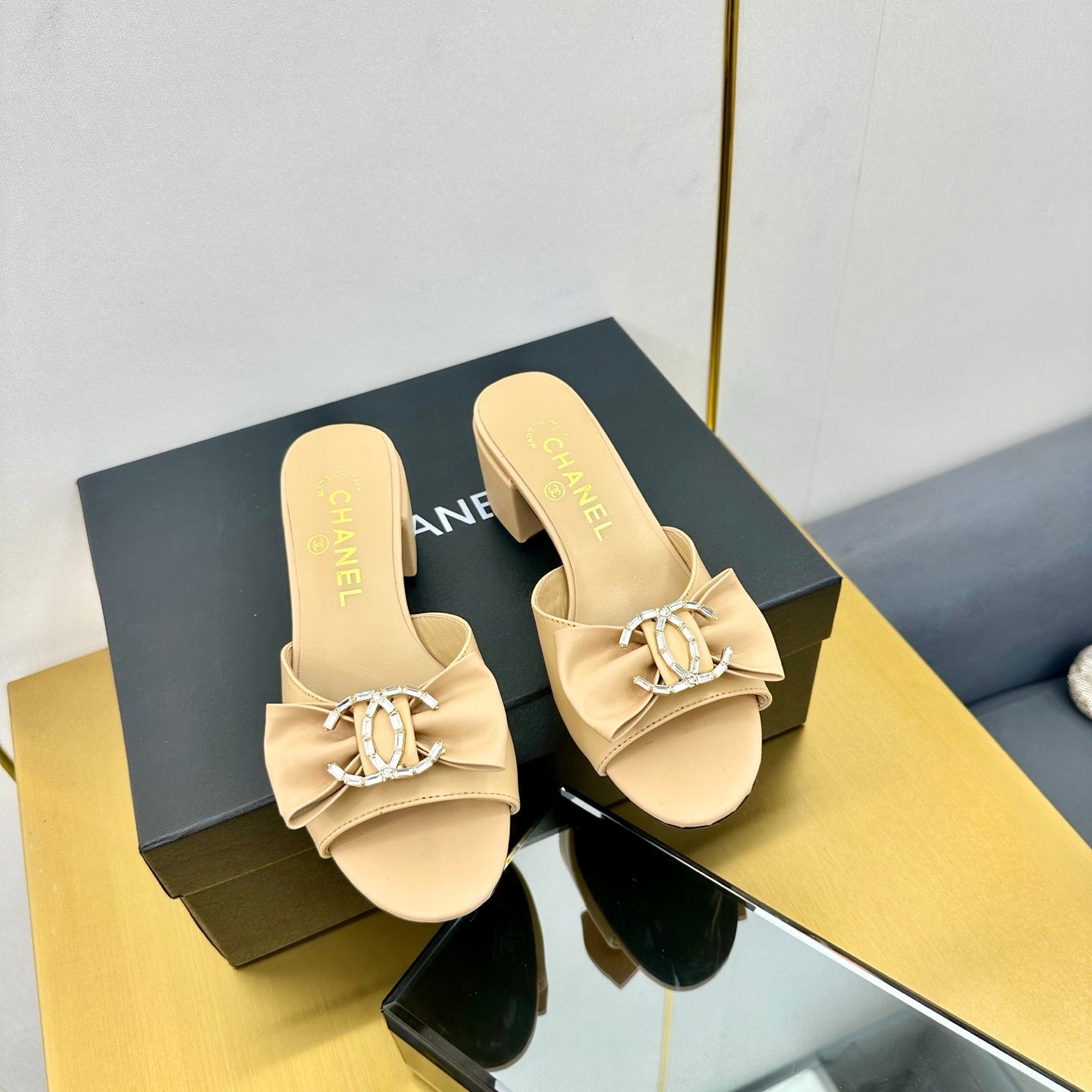 CHANEL 25 Mid Heel Mules Daffodil Yellow Sheepskin 238477