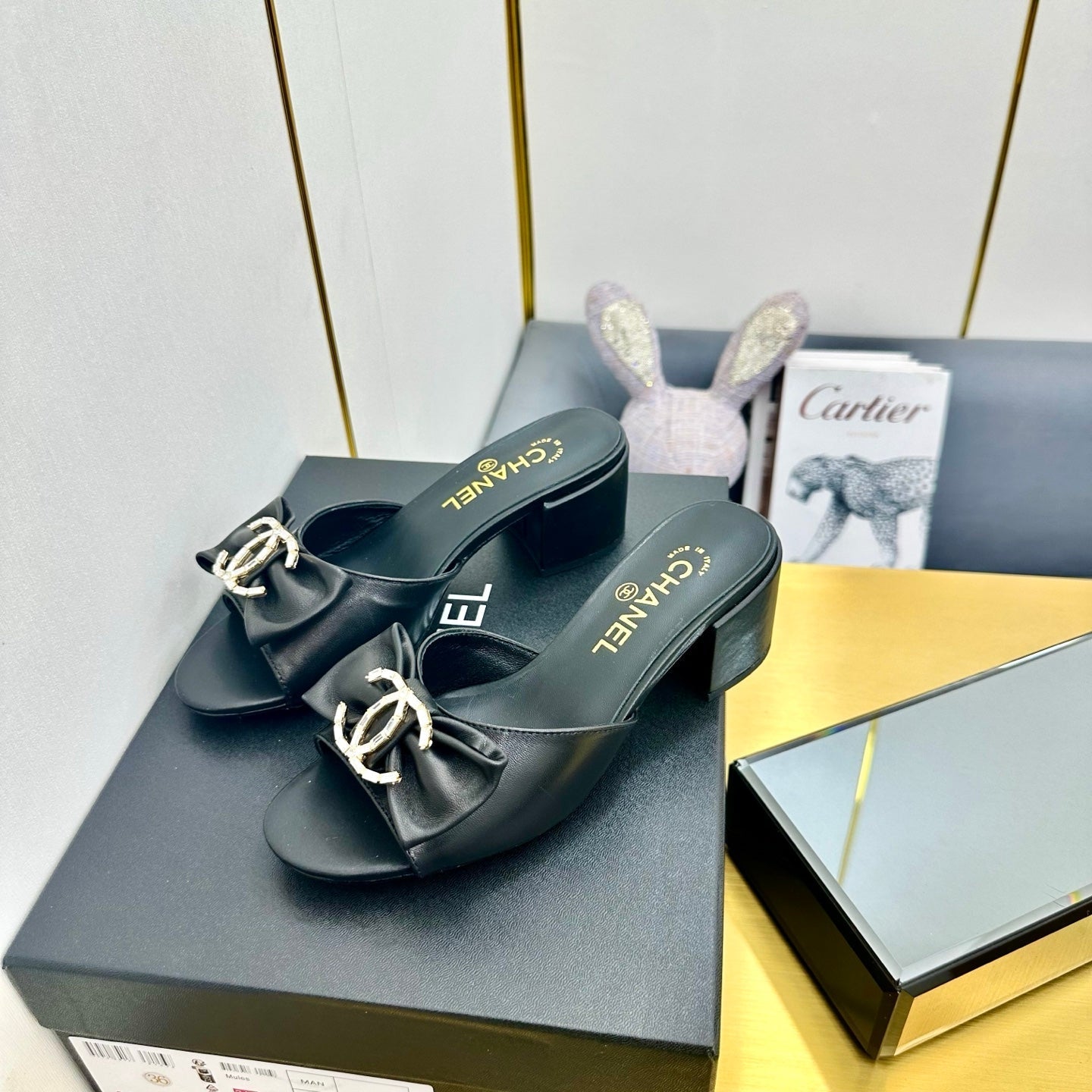 CHANEL 25 Mid Heel Mules Black Sheepskin 238478