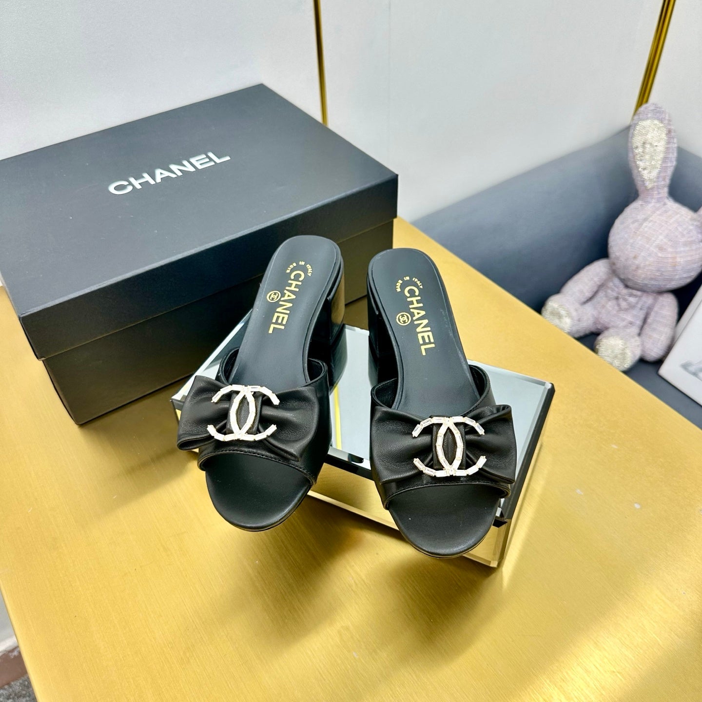 CHANEL 25 Mid Heel Mules Black Sheepskin 238478