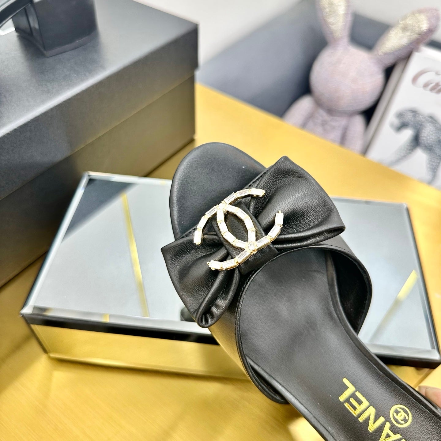 CHANEL 25 Mid Heel Mules Black Sheepskin 238478