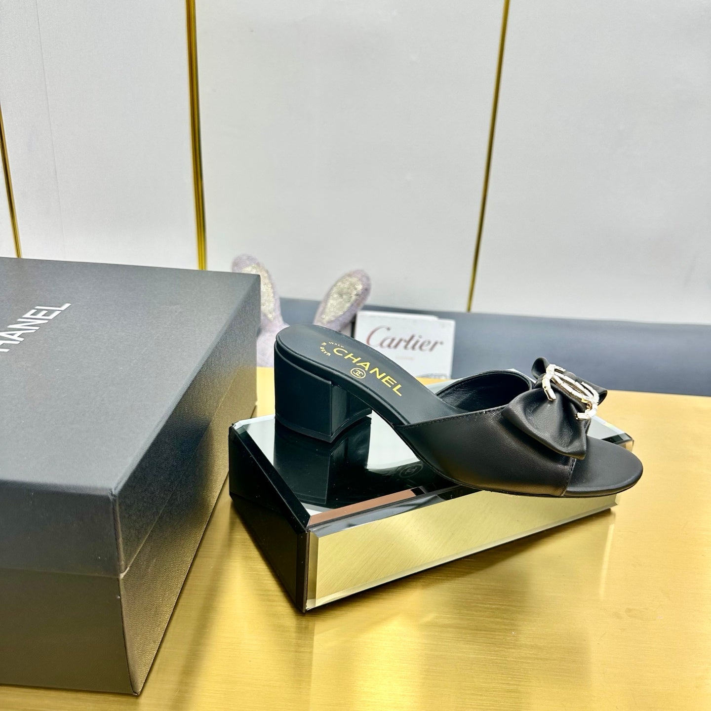 CHANEL 25 Mid Heel Mules Black Sheepskin 238478