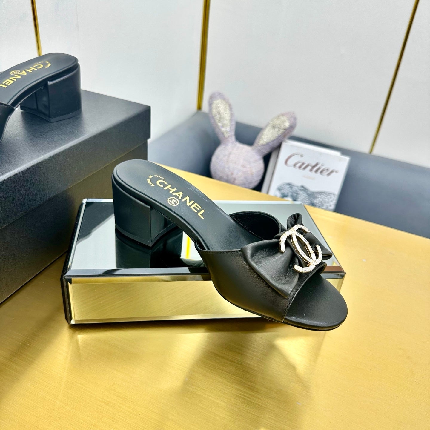 CHANEL 25 Mid Heel Mules Black Sheepskin 238478