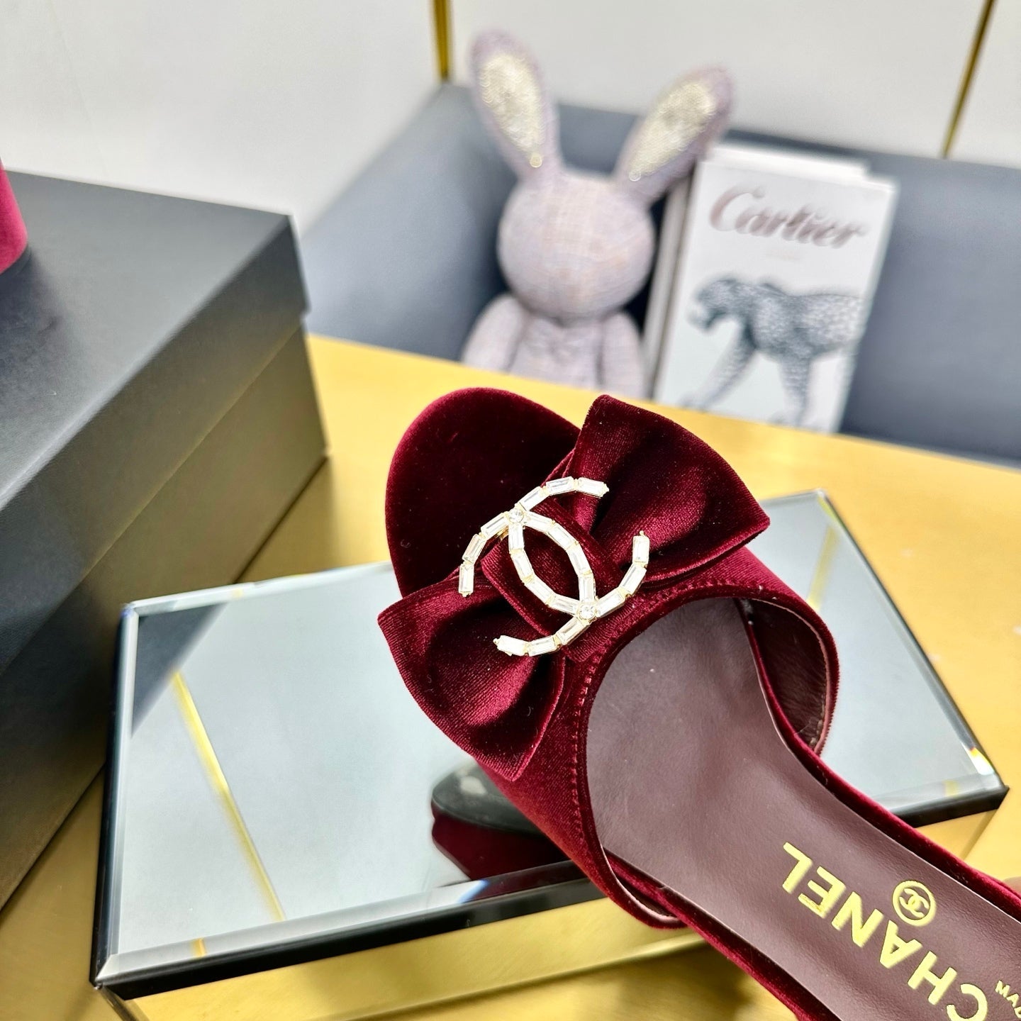 CHANEL 25 Mid Heel Mules Burgundy Red Velvet 238479