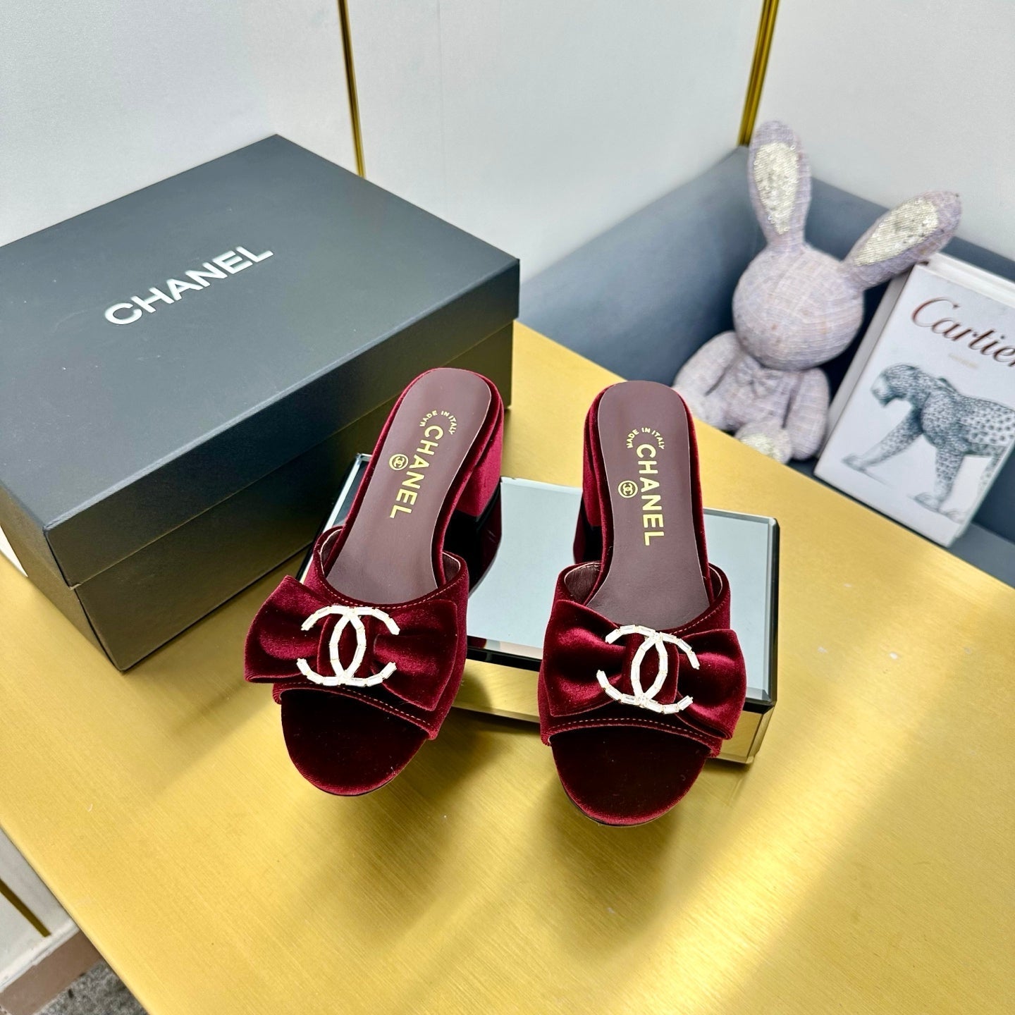 CHANEL 25 Mid Heel Mules Burgundy Red Velvet 238479