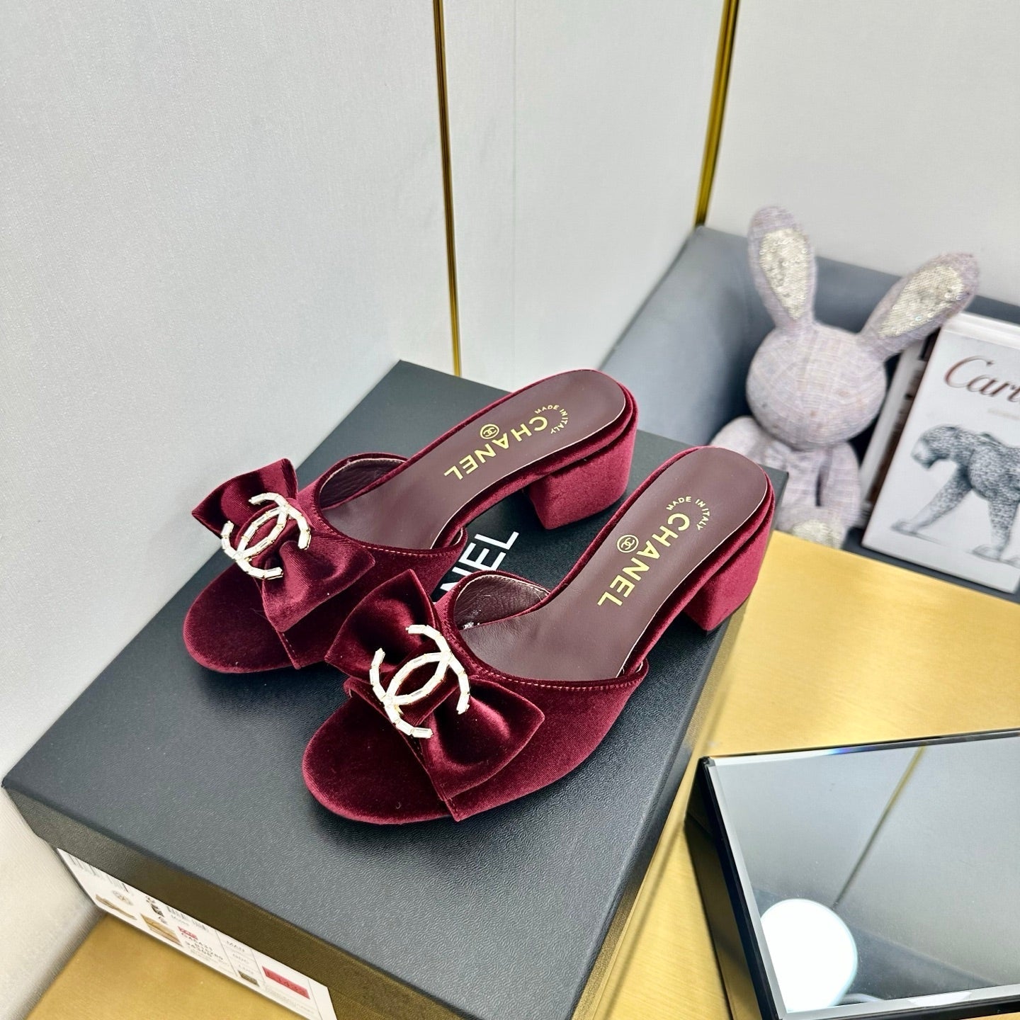 CHANEL 25 Mid Heel Mules Burgundy Red Velvet 238479