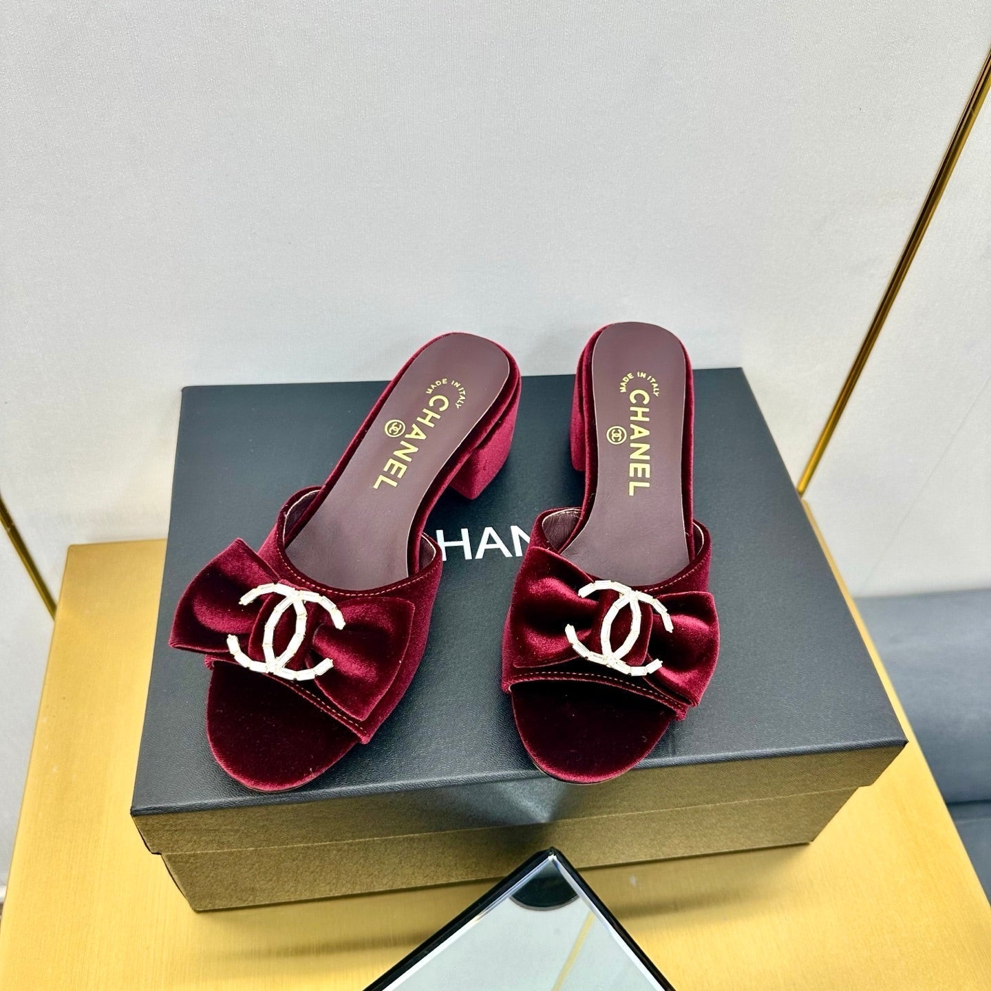 CHANEL 25 Mid Heel Mules Burgundy Red Velvet 238479