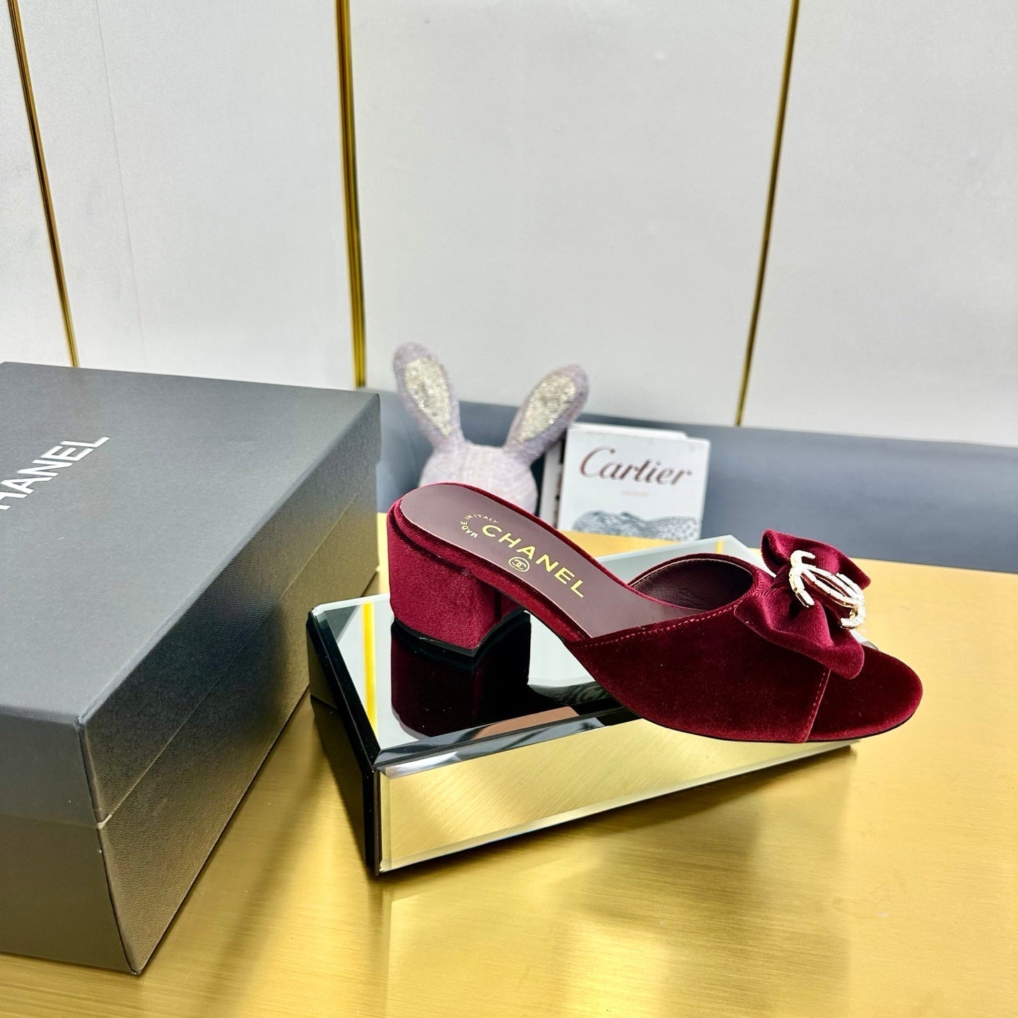 CHANEL 25 Mid Heel Mules Burgundy Red Velvet 238479