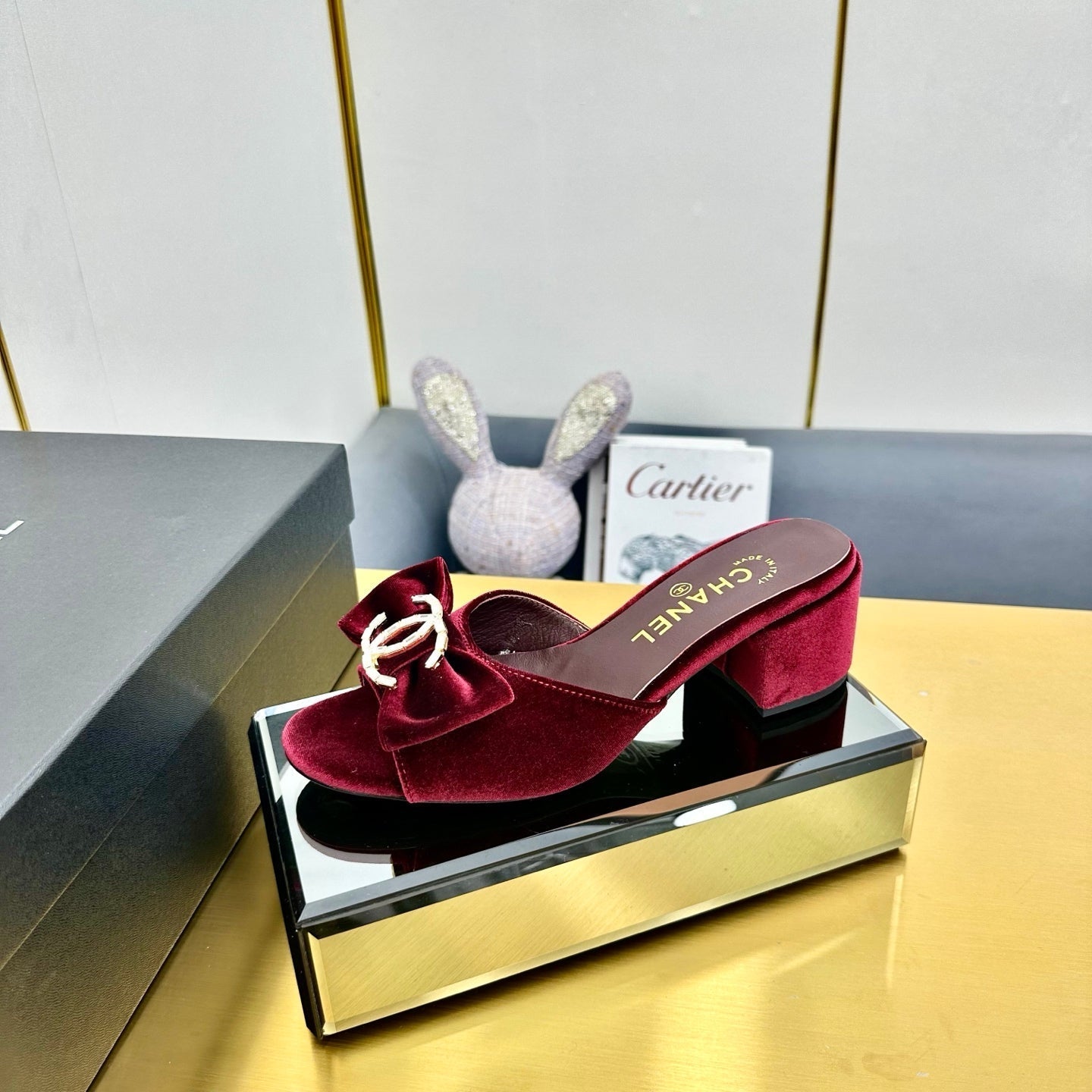 CHANEL 25 Mid Heel Mules Burgundy Red Velvet 238479