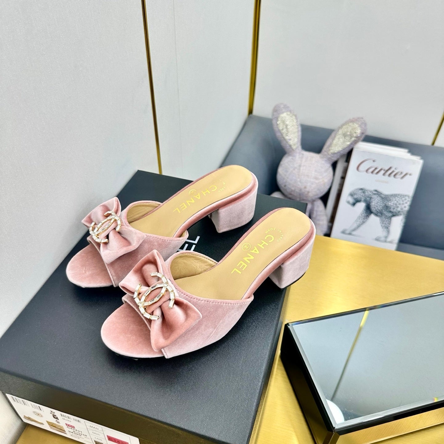CHANEL 25 Mid Heel Mules Tea Rose Pink Velvet 238480