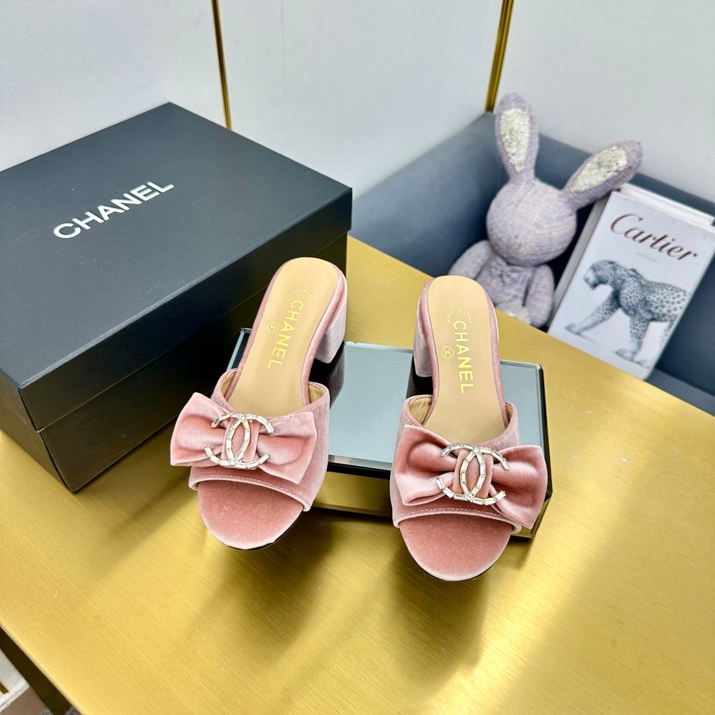 CHANEL 25 Mid Heel Mules Tea Rose Pink Velvet 238480