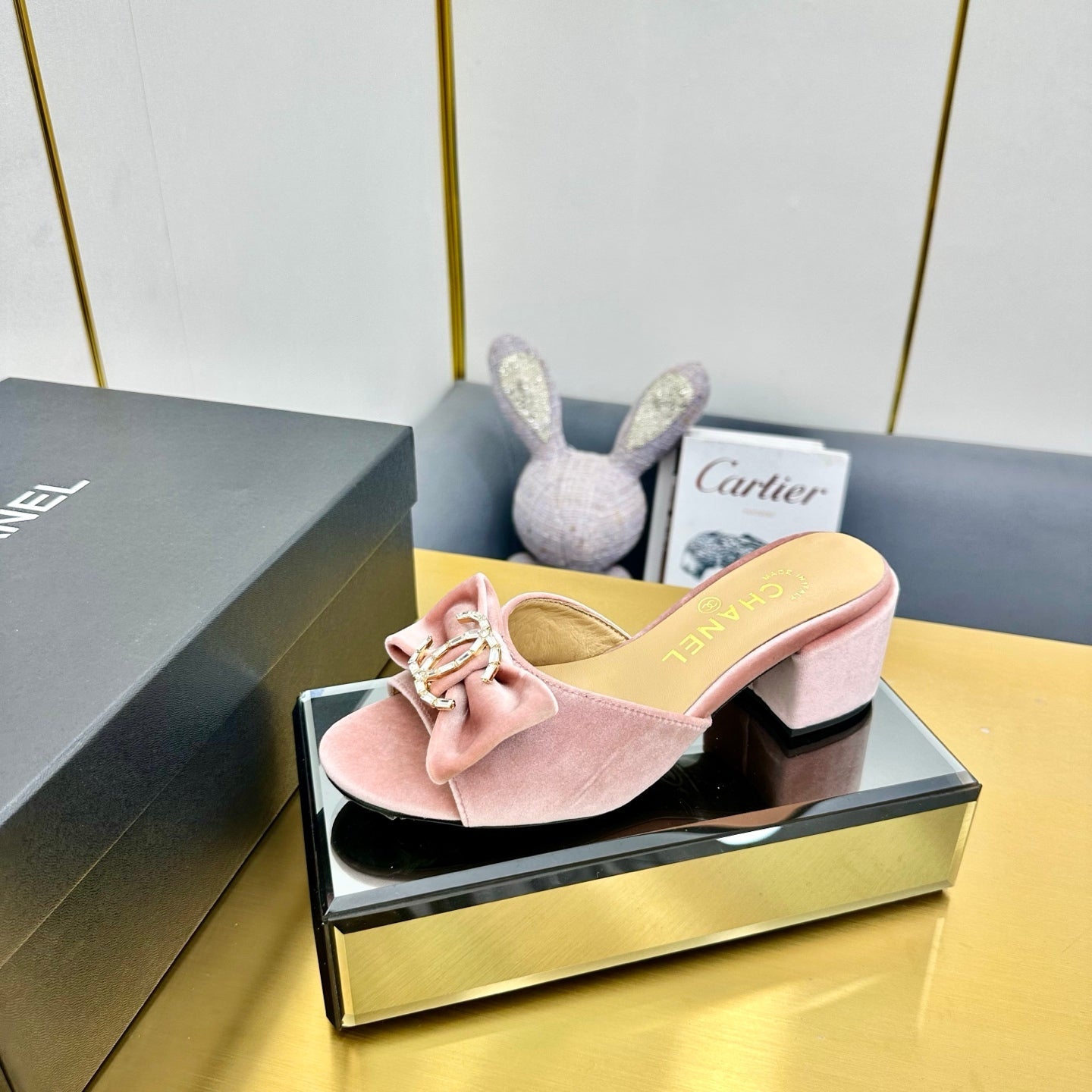 CHANEL 25 Mid Heel Mules Tea Rose Pink Velvet 238480