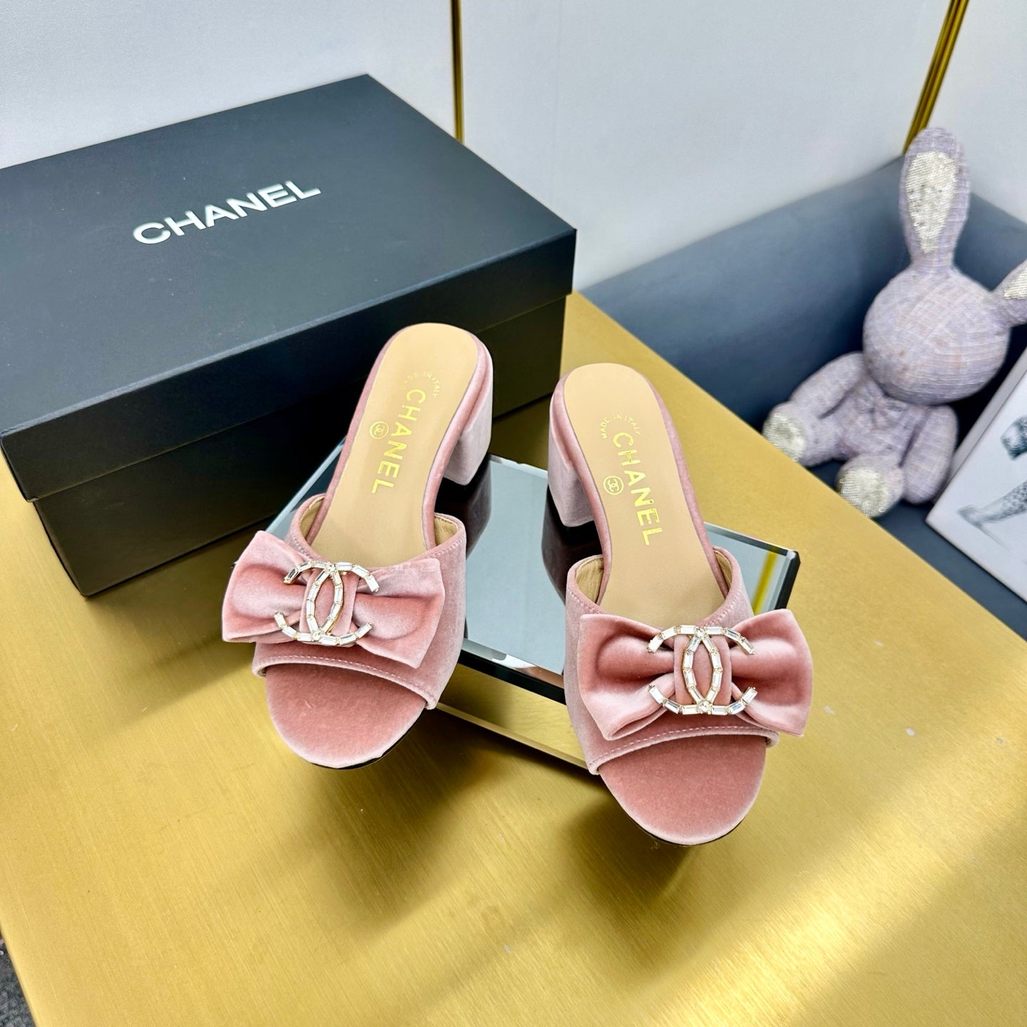 CHANEL 25 Mid Heel Mules Tea Rose Pink Velvet 238480