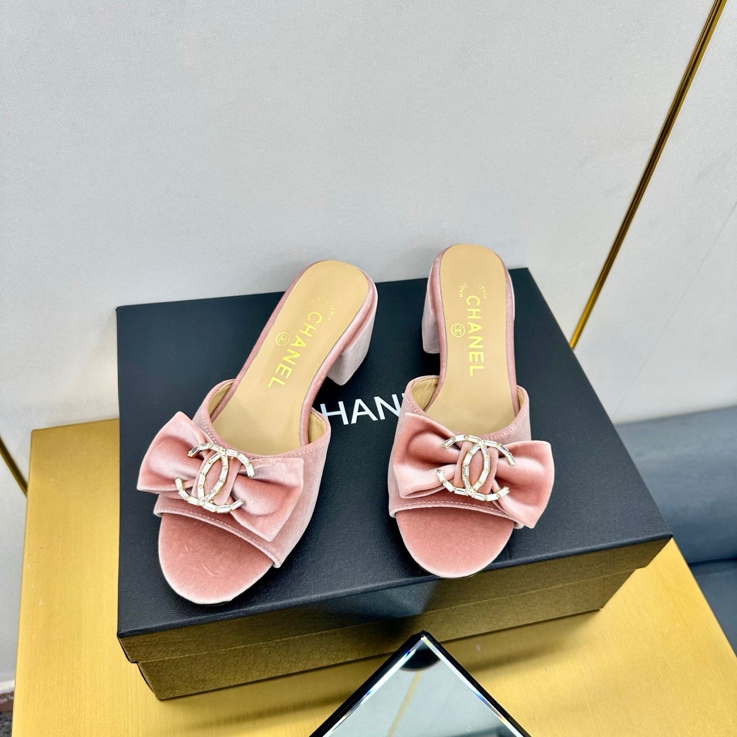 CHANEL 25 Mid Heel Mules Tea Rose Pink Velvet 238480