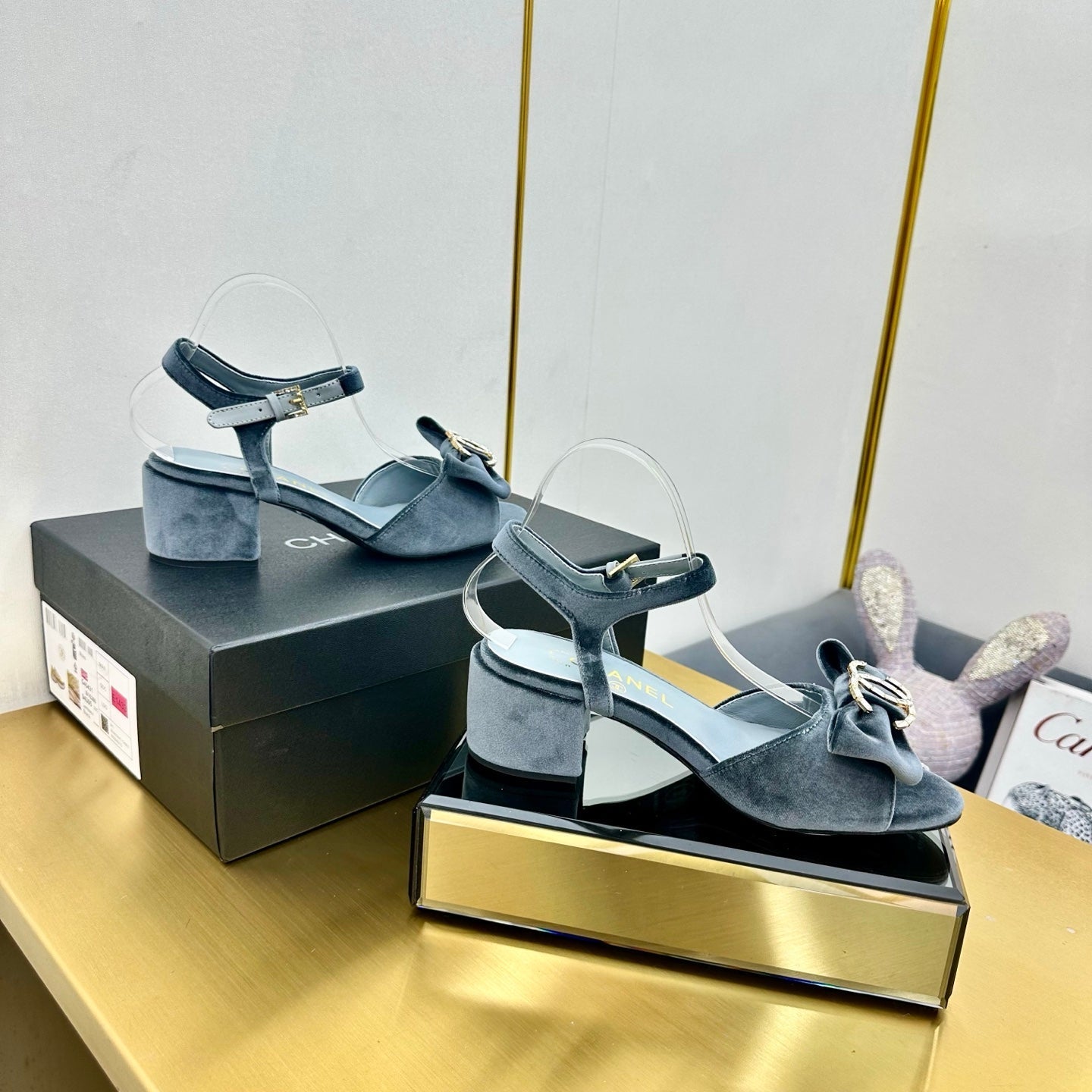 CHANEL 25 Sandal Heels Gray Velvet 238482