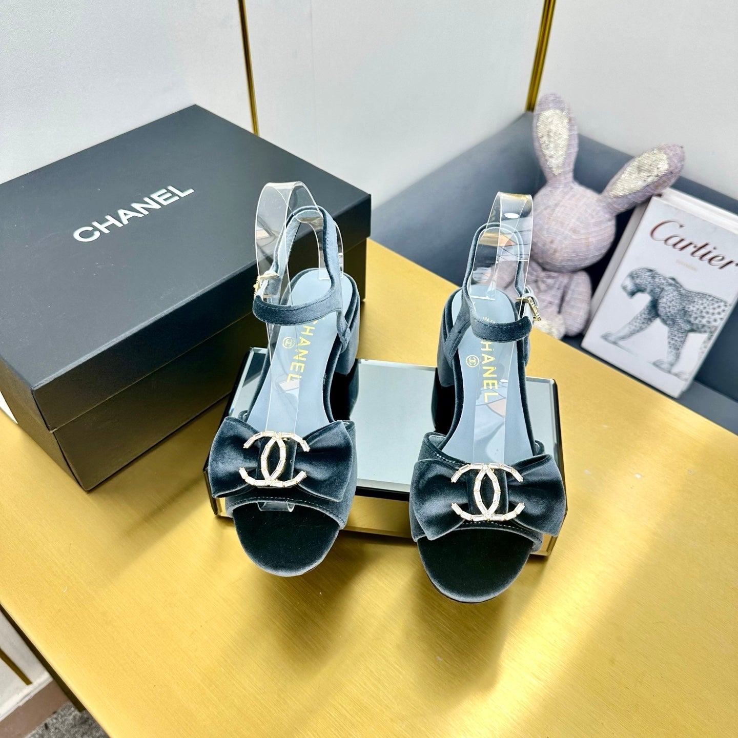 CHANEL 25 Sandal Heels Gray Velvet 238482