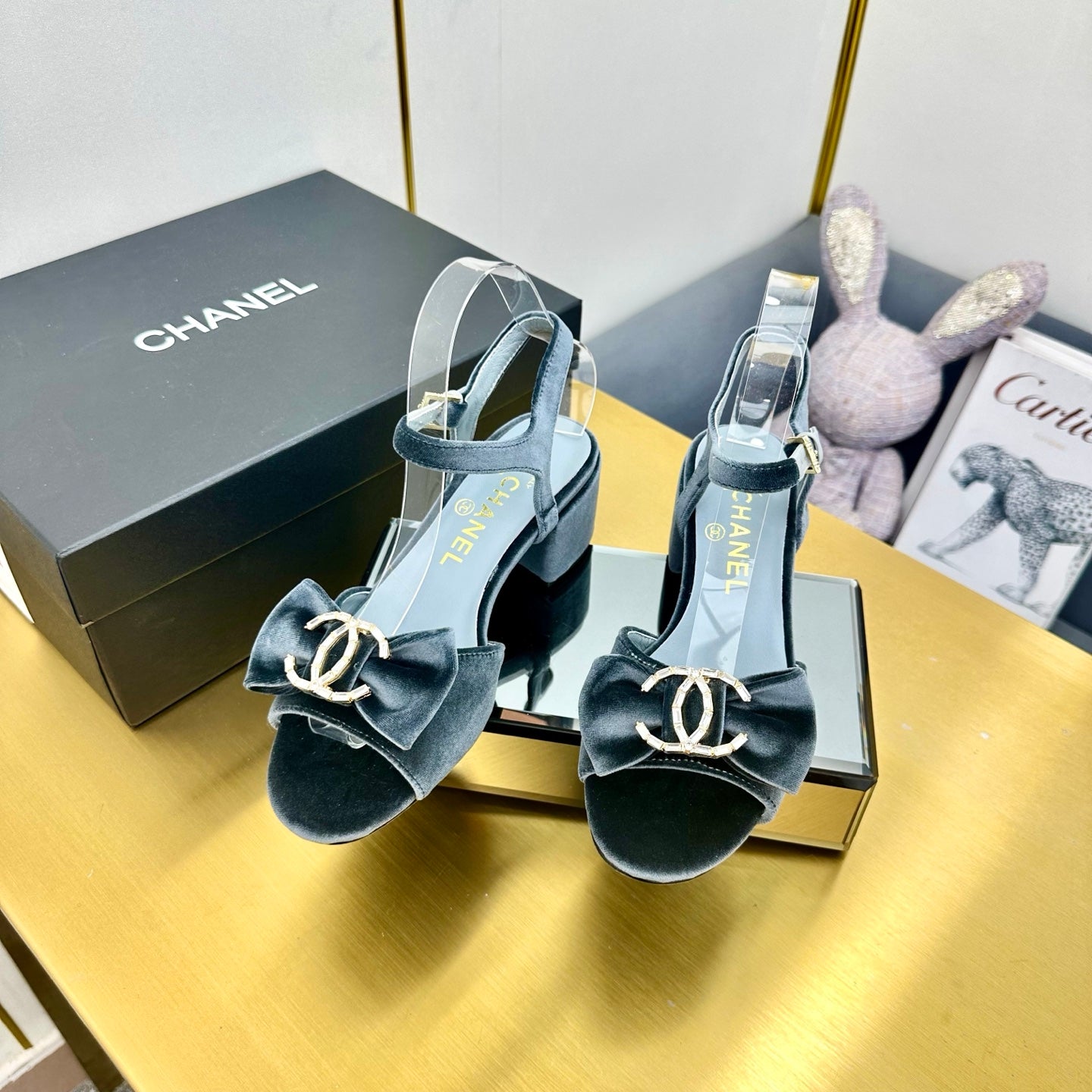 CHANEL 25 Sandal Heels Gray Velvet 238482