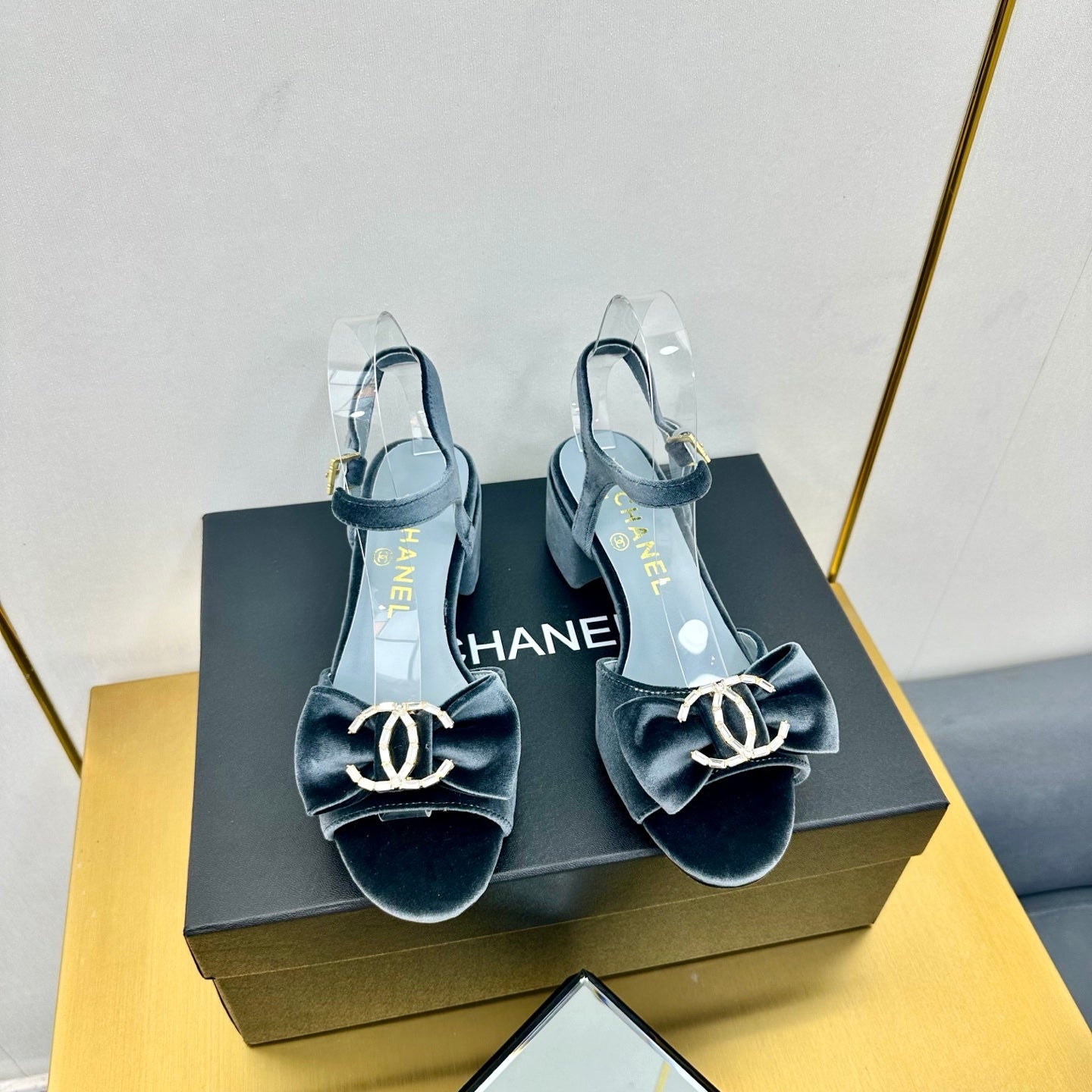 CHANEL 25 Sandal Heels Gray Velvet 238482