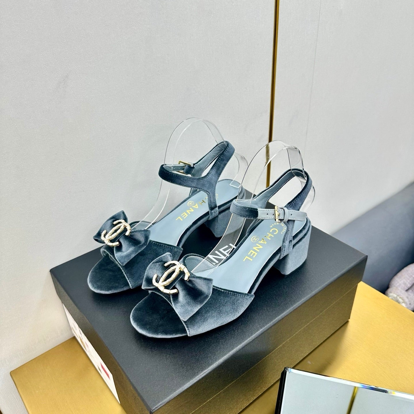 CHANEL 25 Sandal Heels Gray Velvet 238482