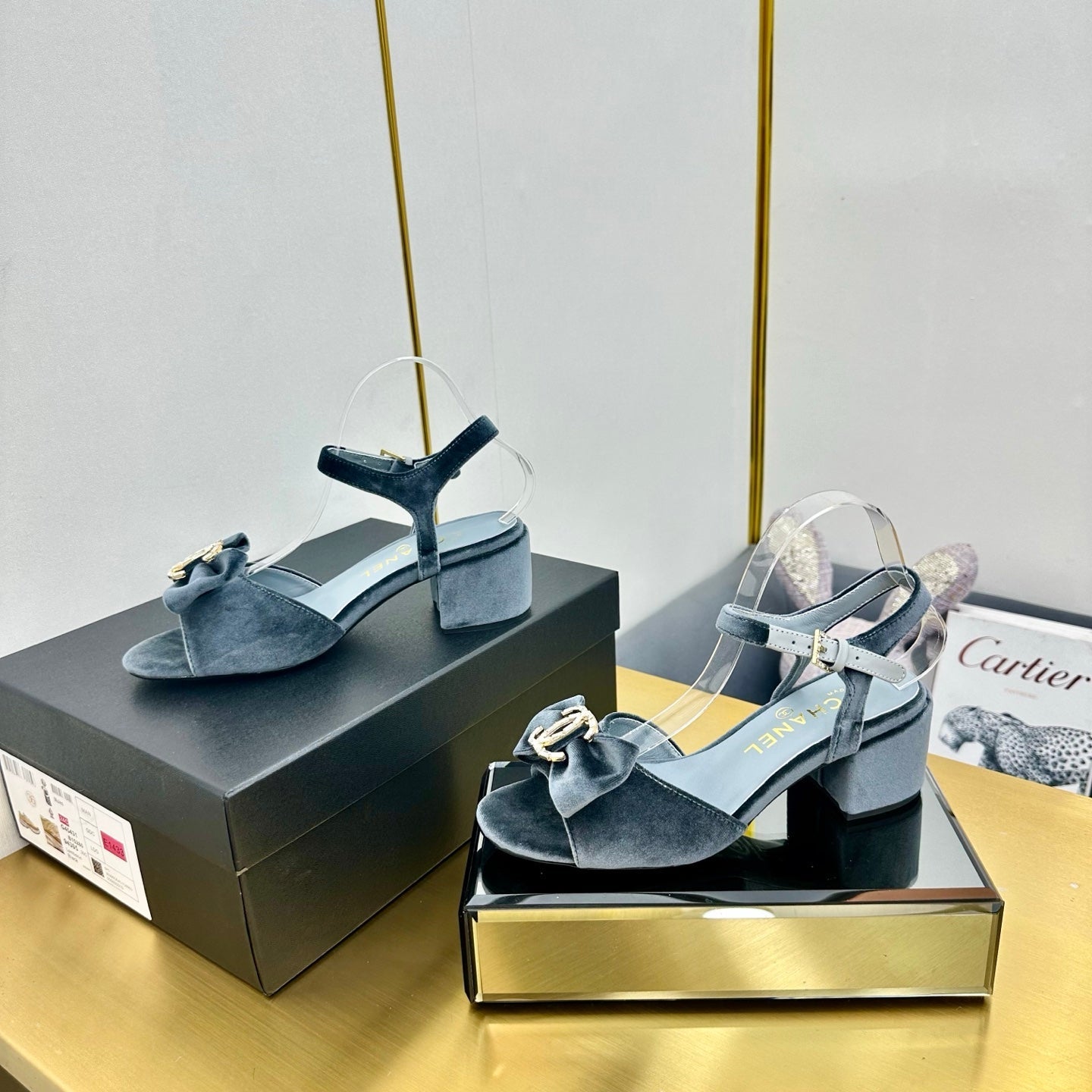 CHANEL 25 Sandal Heels Gray Velvet 238482