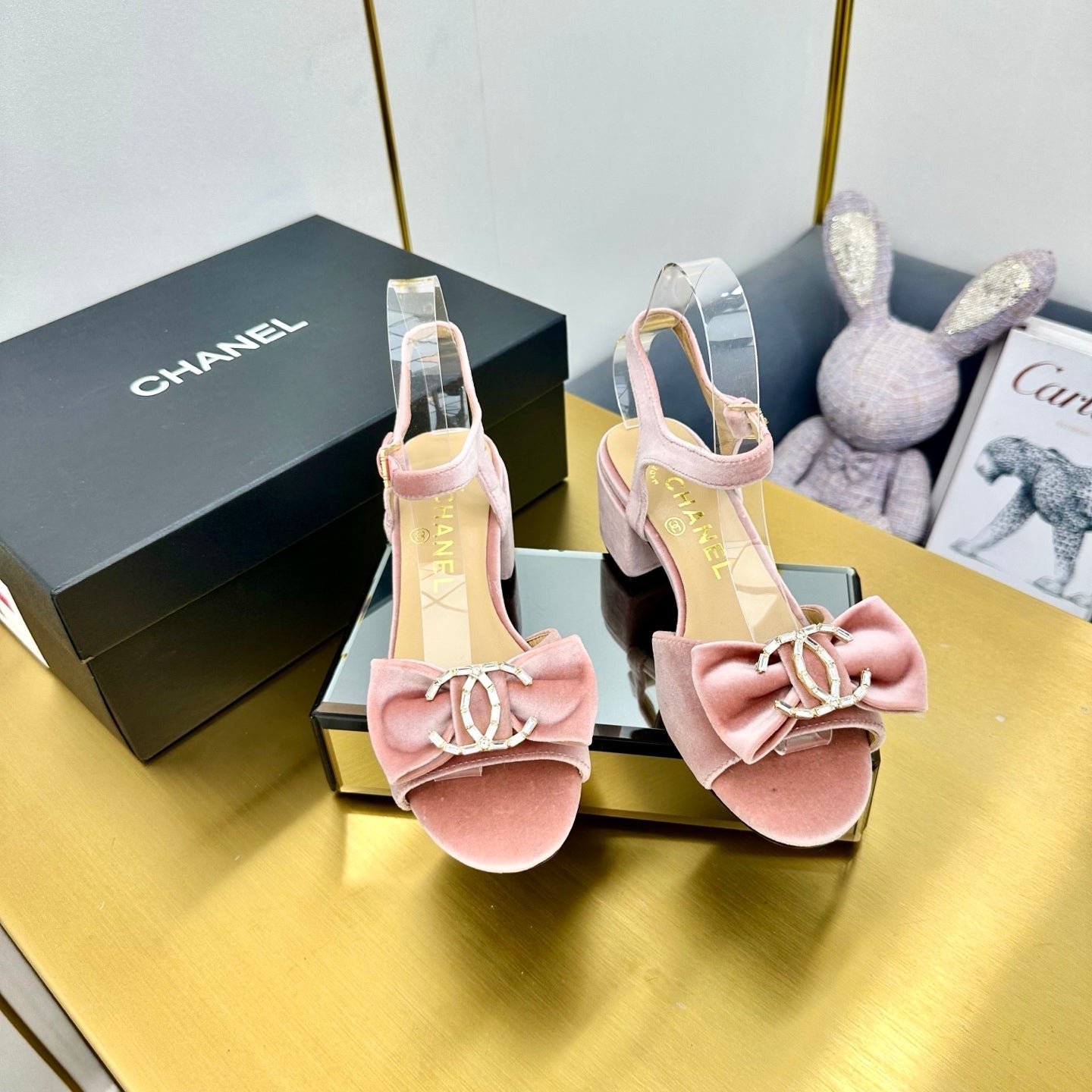 CHANEL 25 Sandal Heels Tea Rose PInk Velvet 238483