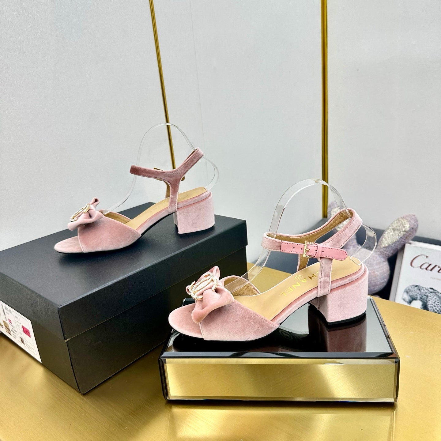 CHANEL 25 Sandal Heels Tea Rose PInk Velvet 238483