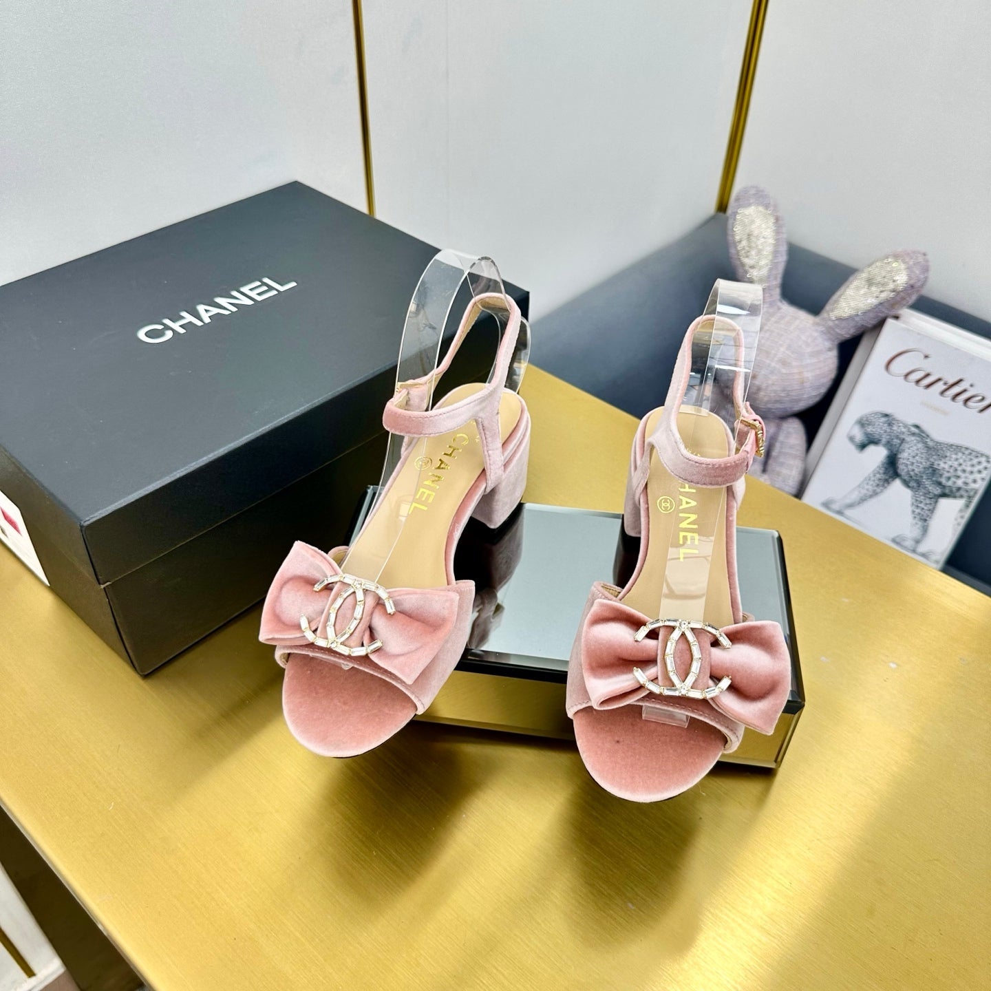 CHANEL 25 Sandal Heels Tea Rose PInk Velvet 238483