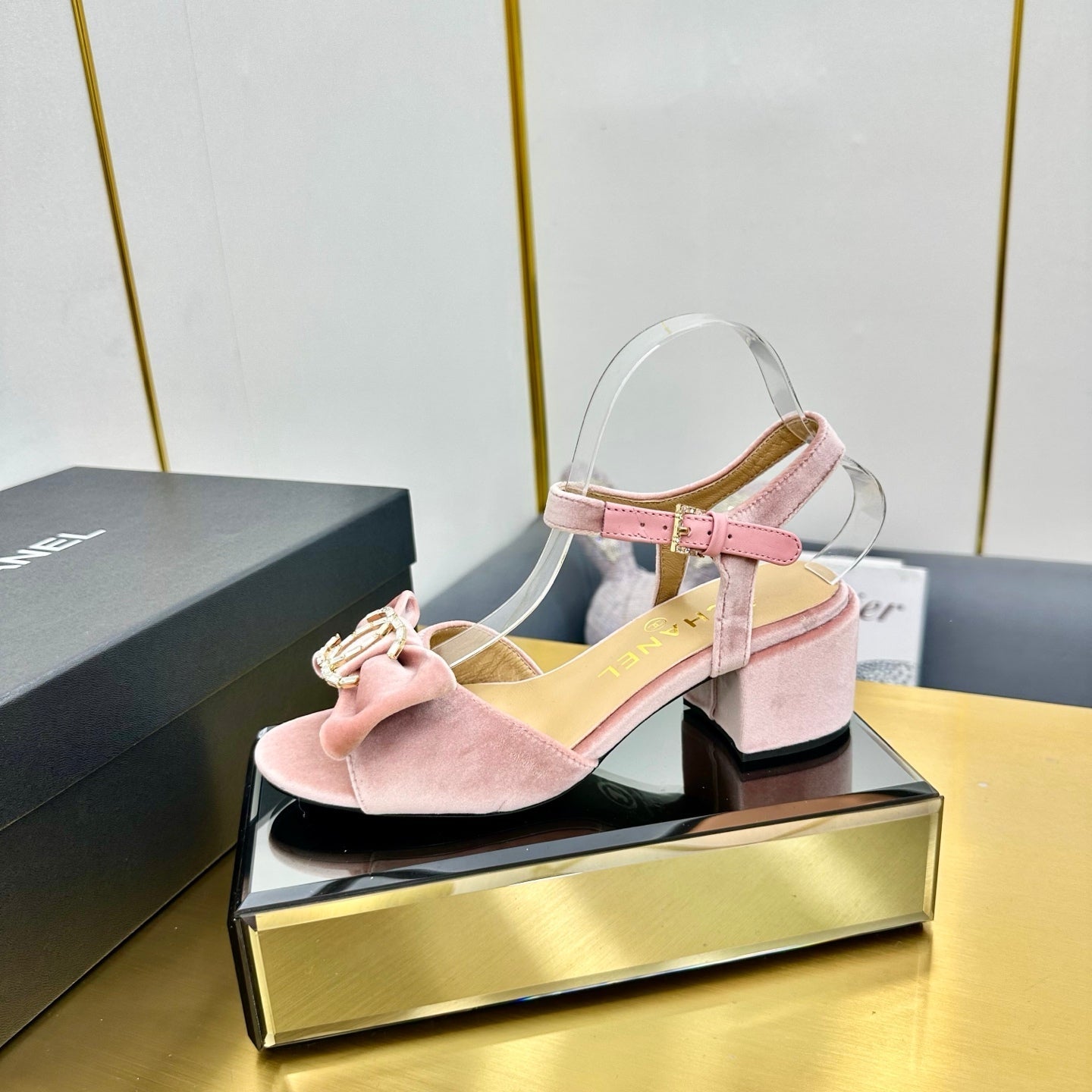 CHANEL 25 Sandal Heels Tea Rose PInk Velvet 238483