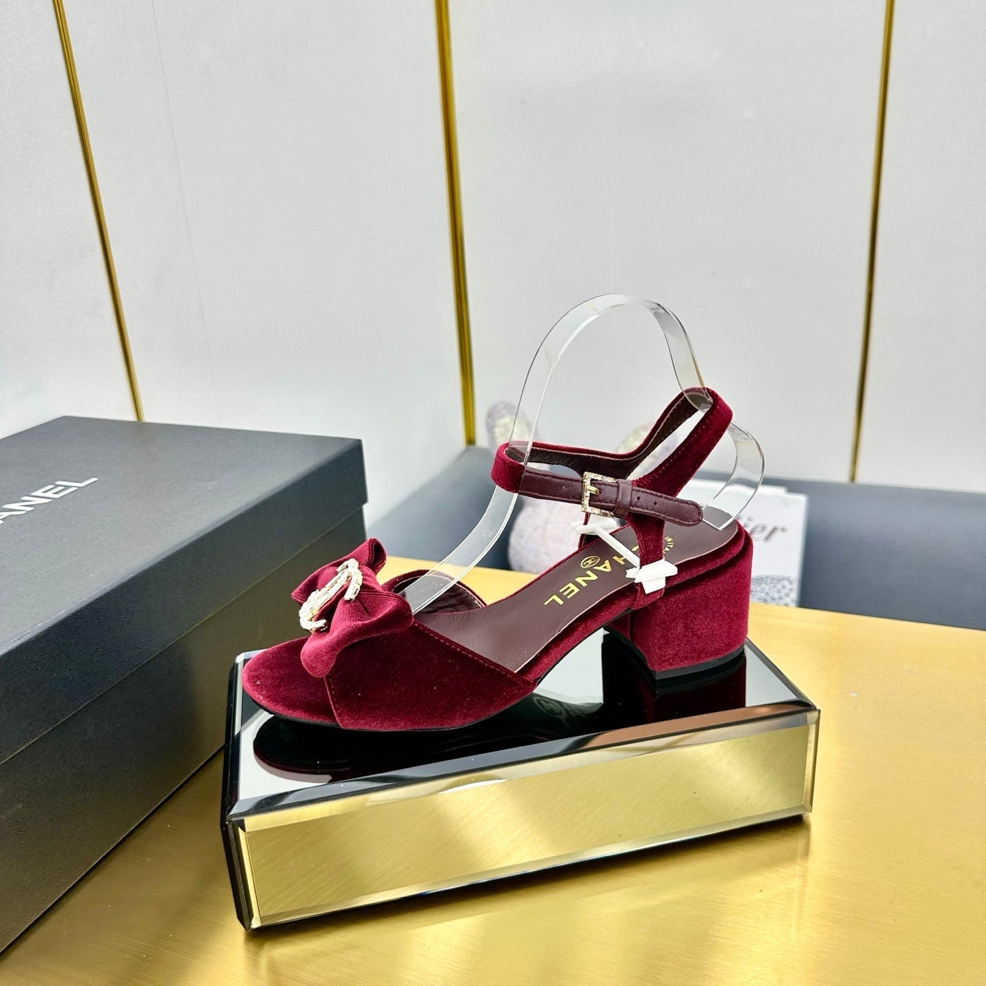 CHANEL 25 Sandal Heels Burgundy Red Velvet 238484